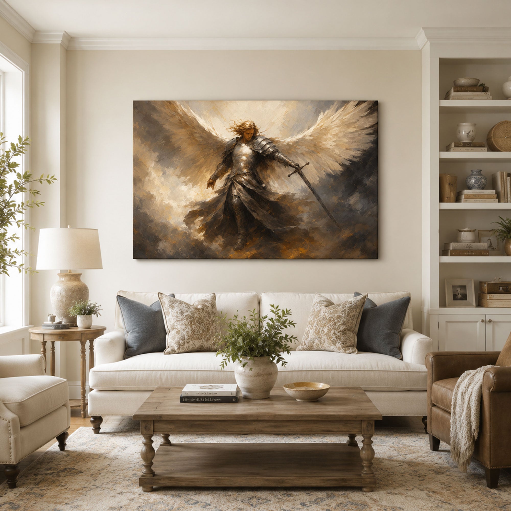 Saint Michael Archangel with Sword Canvas Print, White and Gold Catholic Art