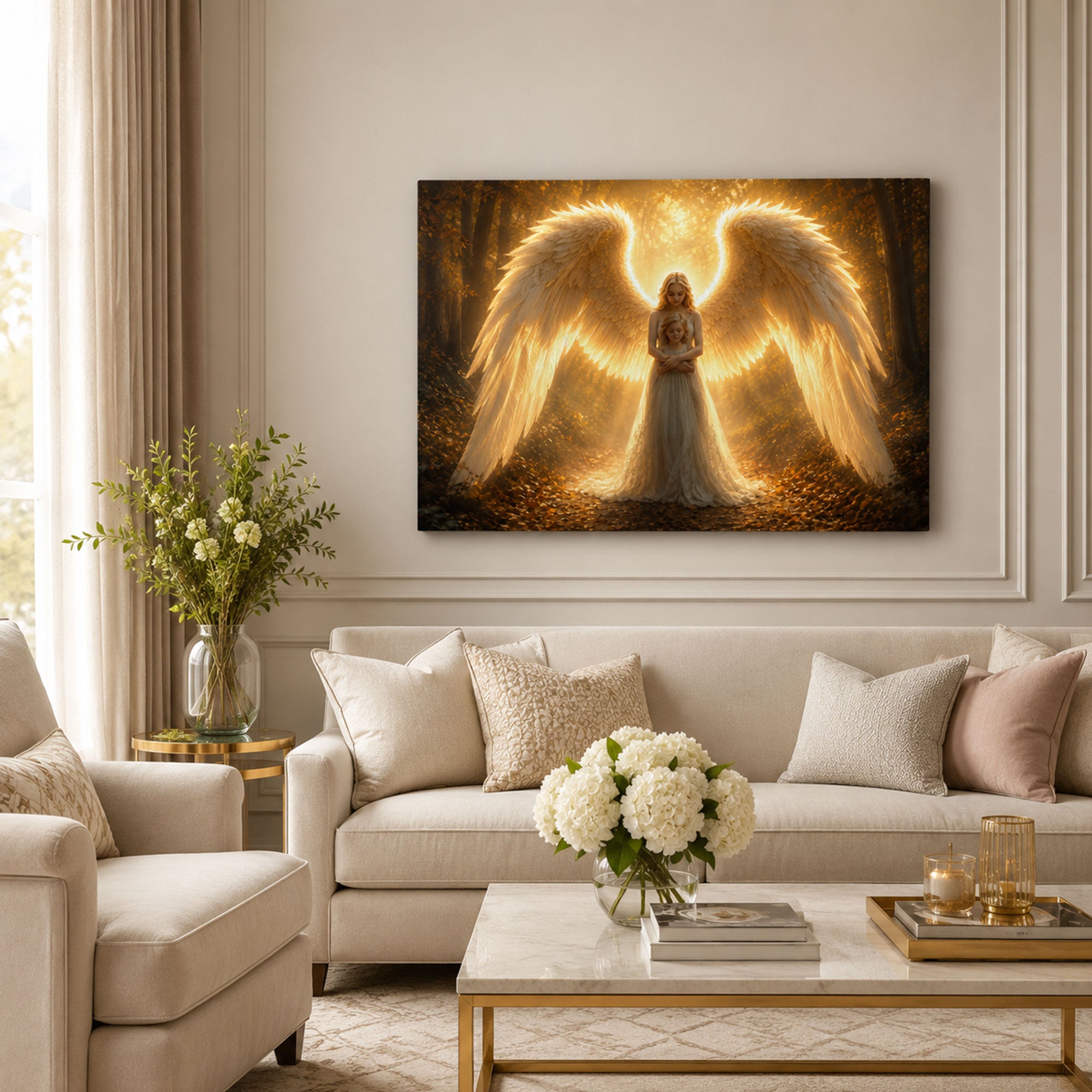 Guardian Angel with Child Canvas Print, Christian Angel Wall Art, Golden Light Faith Home Decor Gift