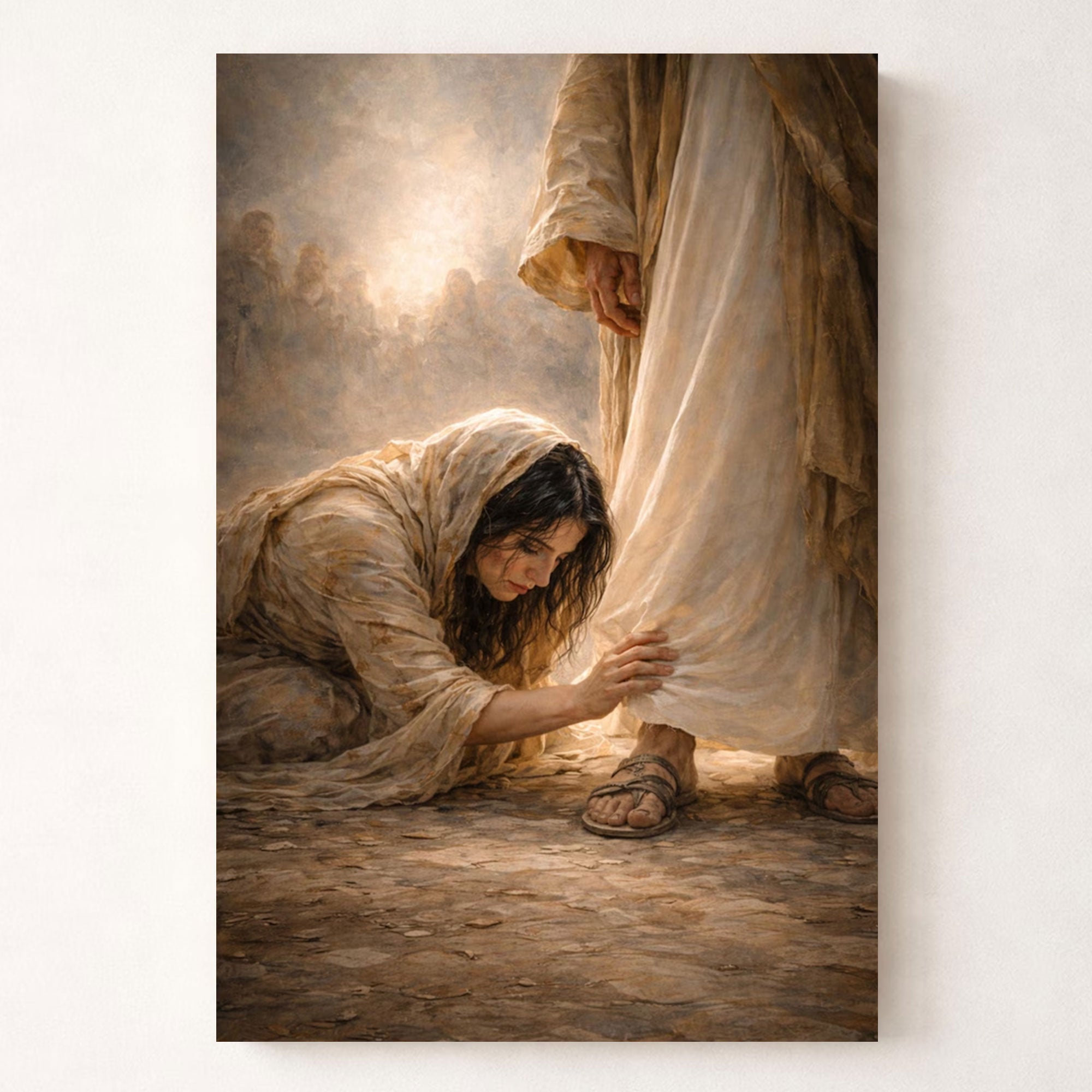 Woman Healed by Faith Canvas Print, Jesus Healing Woman Touching the Hem Wall Art, Christian Decor