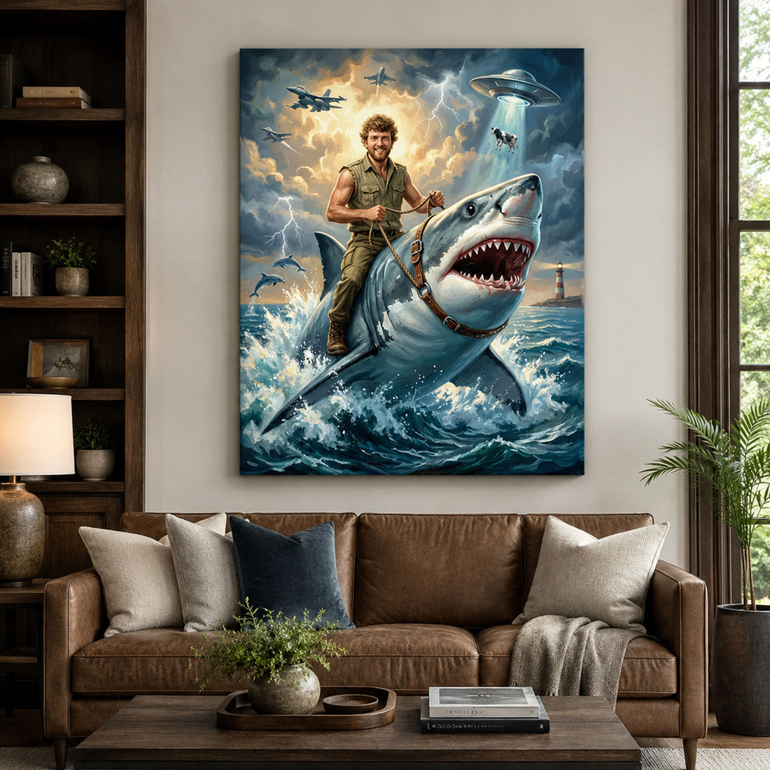 Custom Face For Dad Shark Rider Canvas, Personalized Ocean Adventure Portrait, Funny Father’s Day Gift