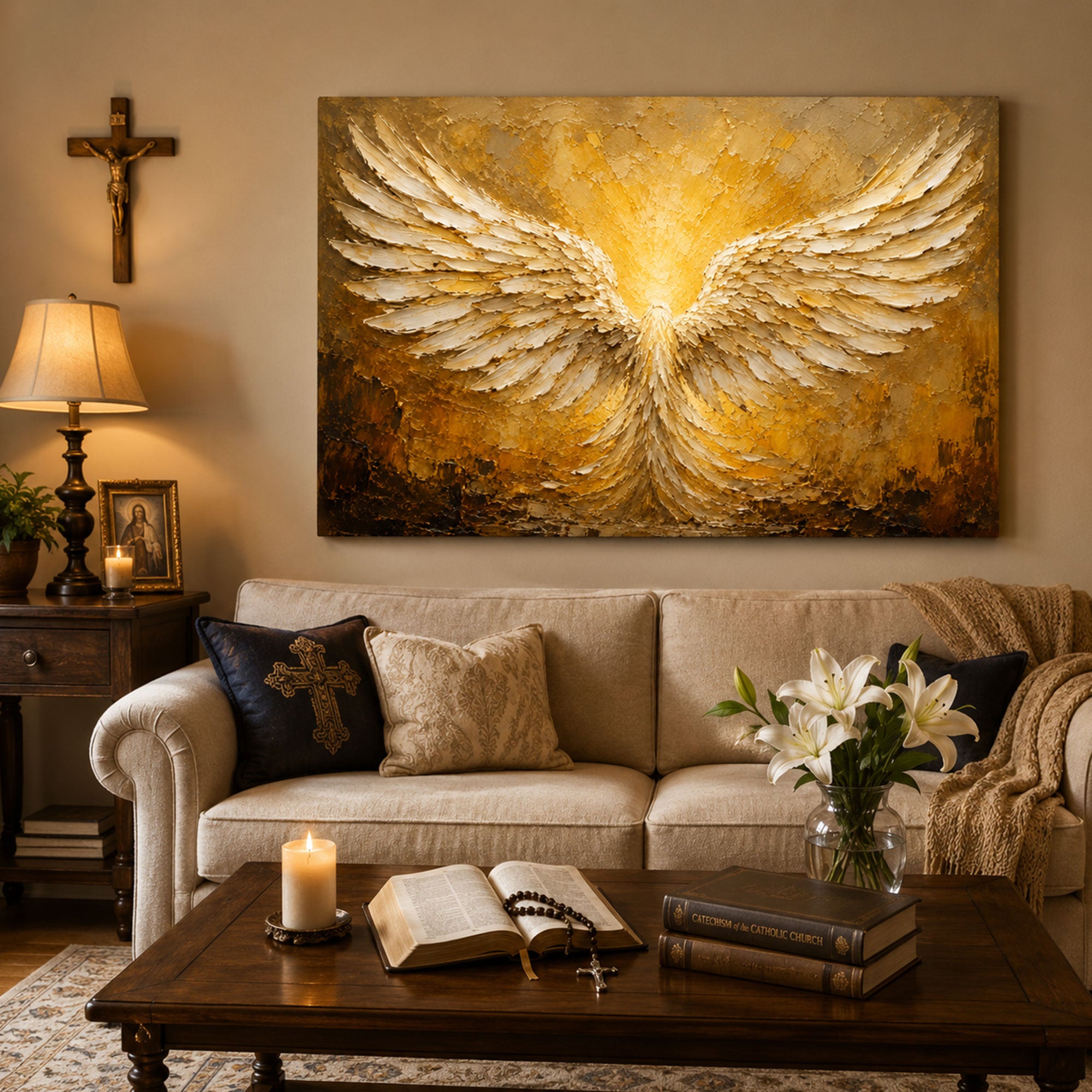 Golden Angel Wings Canvas Print, Catholic Christian Wall Art, Faith Home Decor