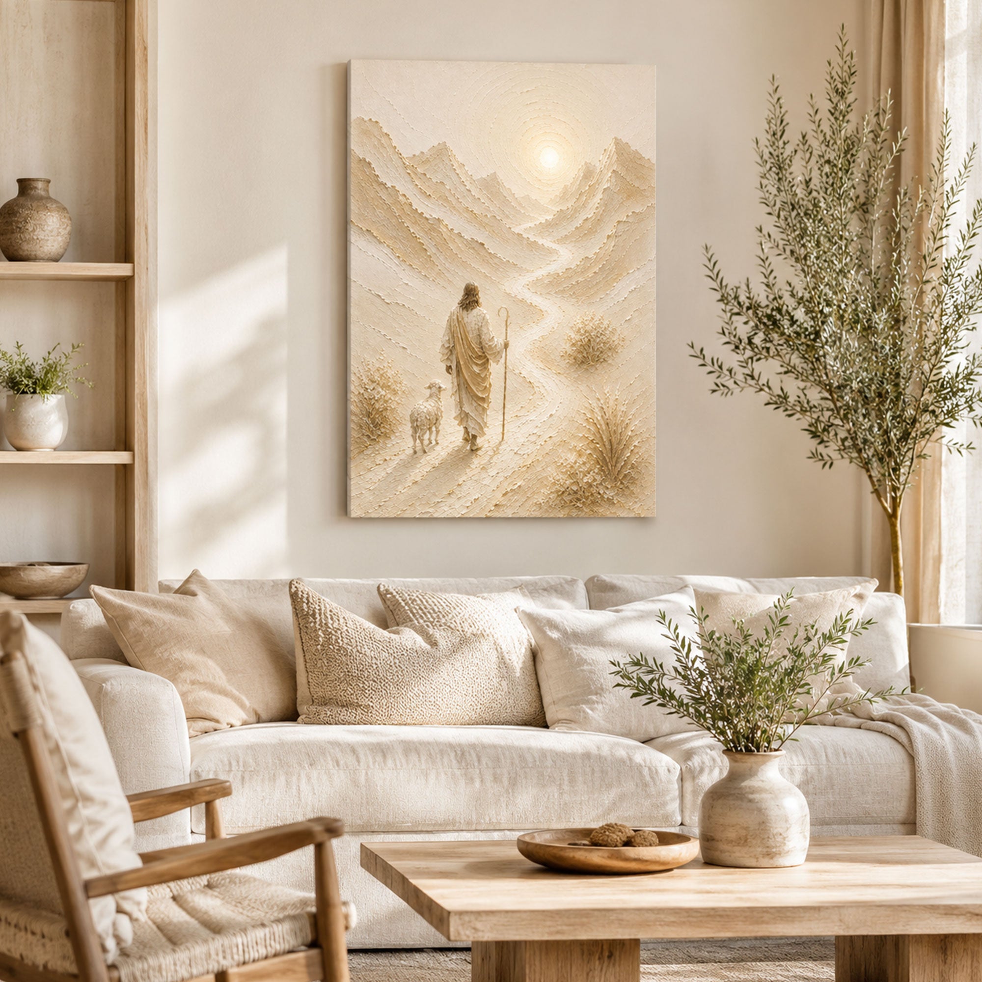 Jesus the Good Shepherd Canvas Print, Soft Neutral Christian Decor