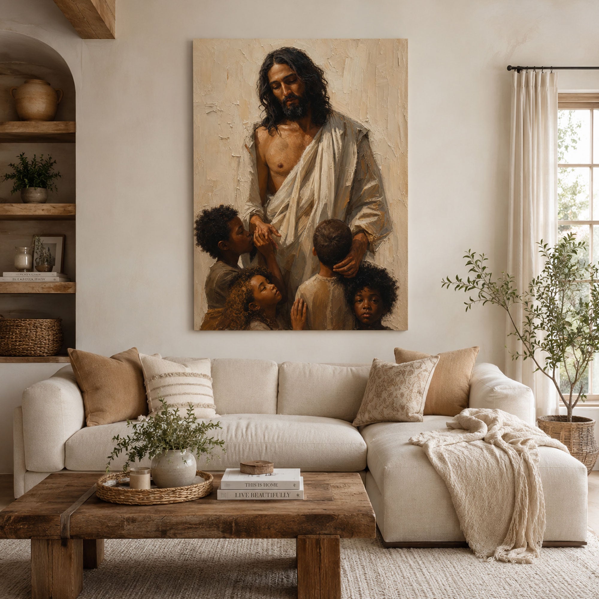 Black Jesus Blessing Children Canvas Print, Christian Family Wall Art, Faith Love Protection Home Decor