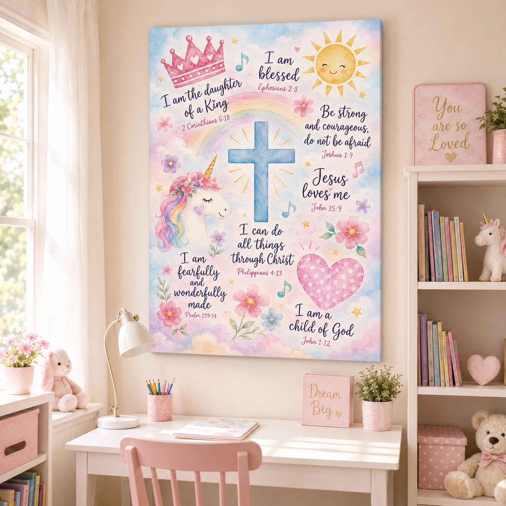 Christian Girls Nursery Wall Art Bible Verse Affirmation Canvas Print Pink Pastel Watercolor Faith Decor