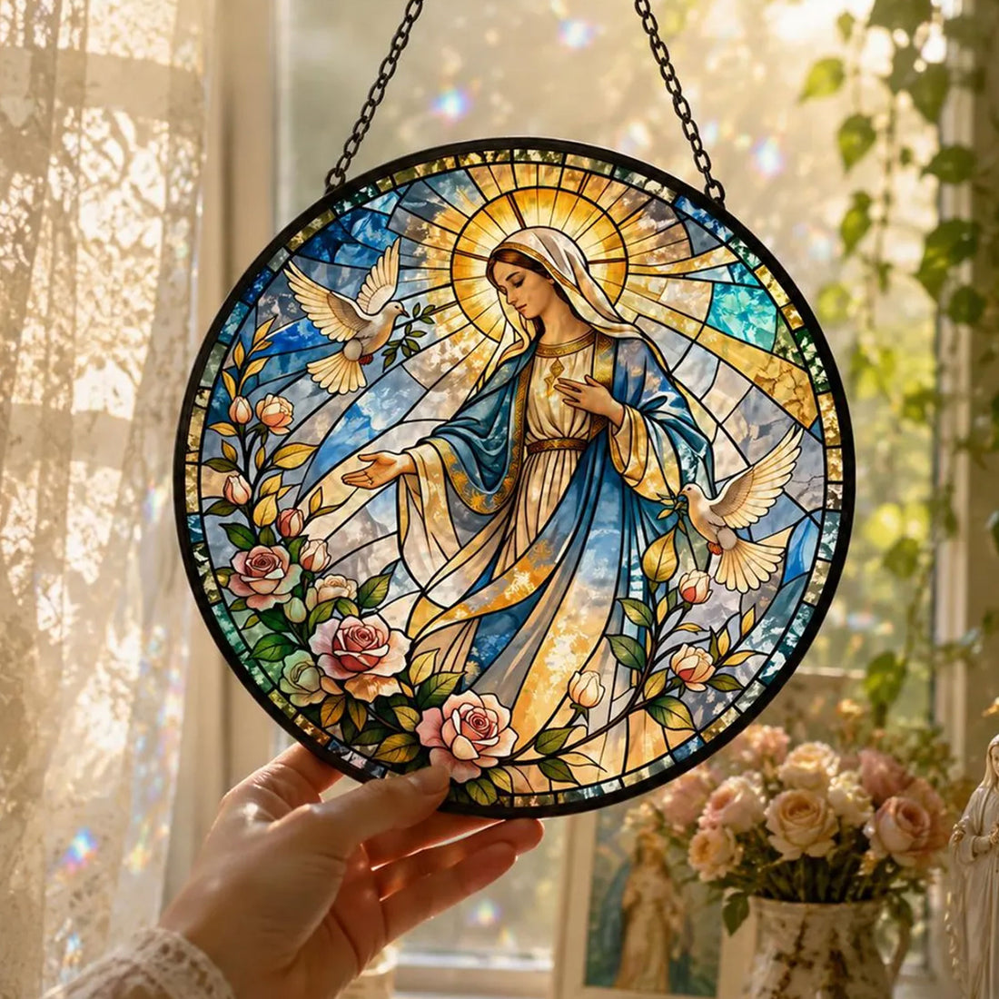 Virgin Mary with Doves and Roses Suncatcher, Catholic Window Hanging, Peaceful Christian Gift