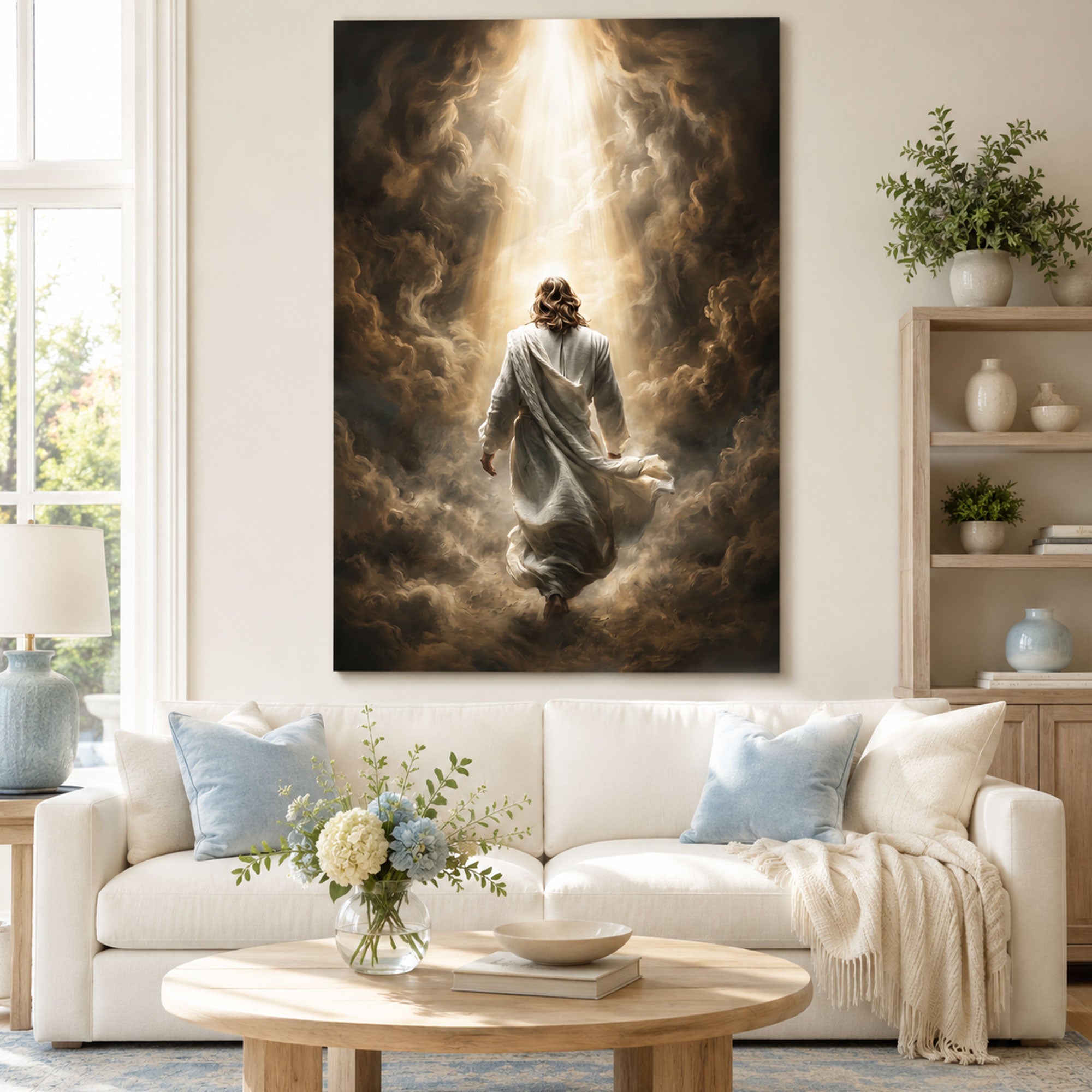 Jesus Walking Into Light Canvas Art, Spiritual Christian Journey Wall Decor, Minimal Biblical Home Decoration