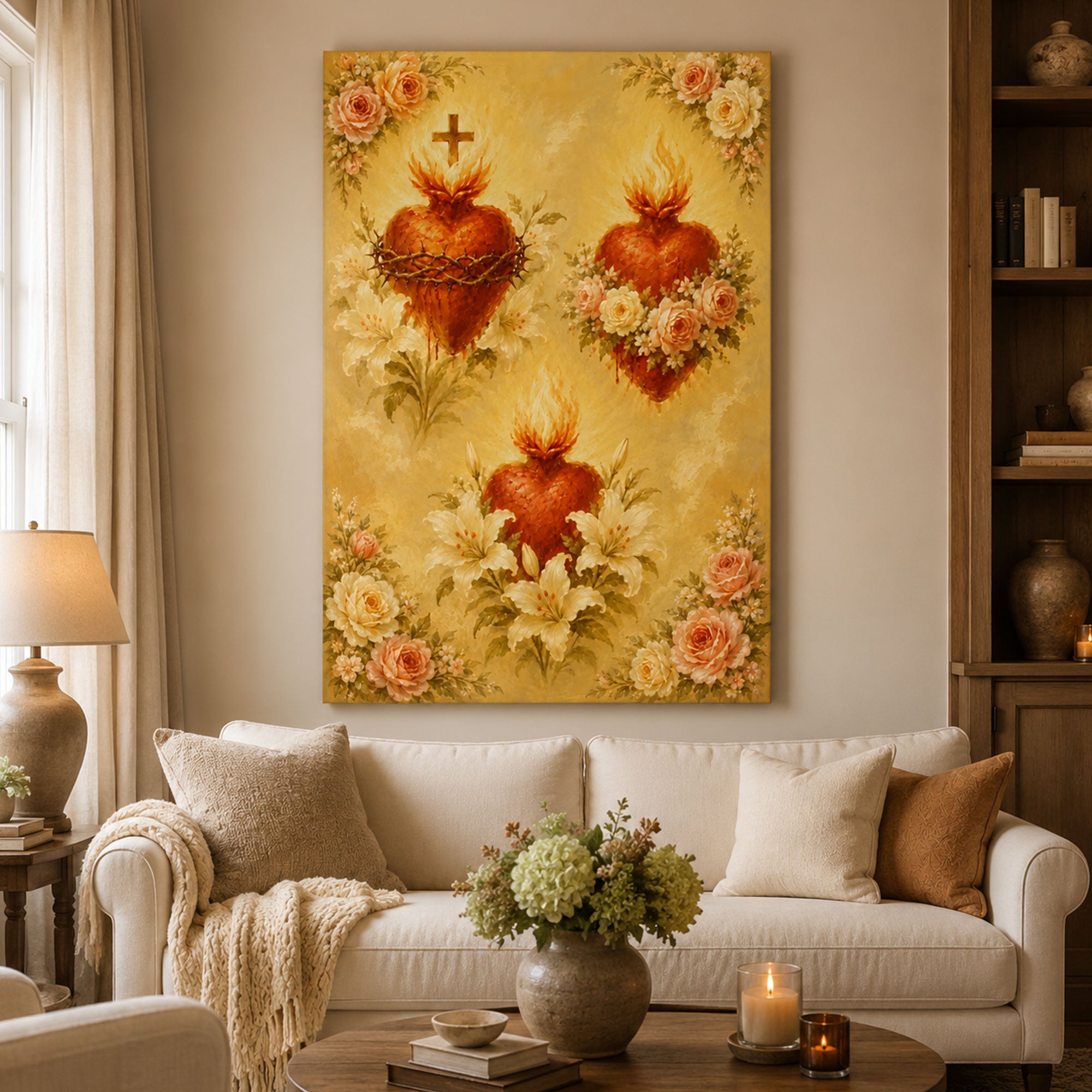 Sacred Heart of Jesus Canvas Print Catholic Floral Wall Art Lily Rose Christian Faith Home Decor