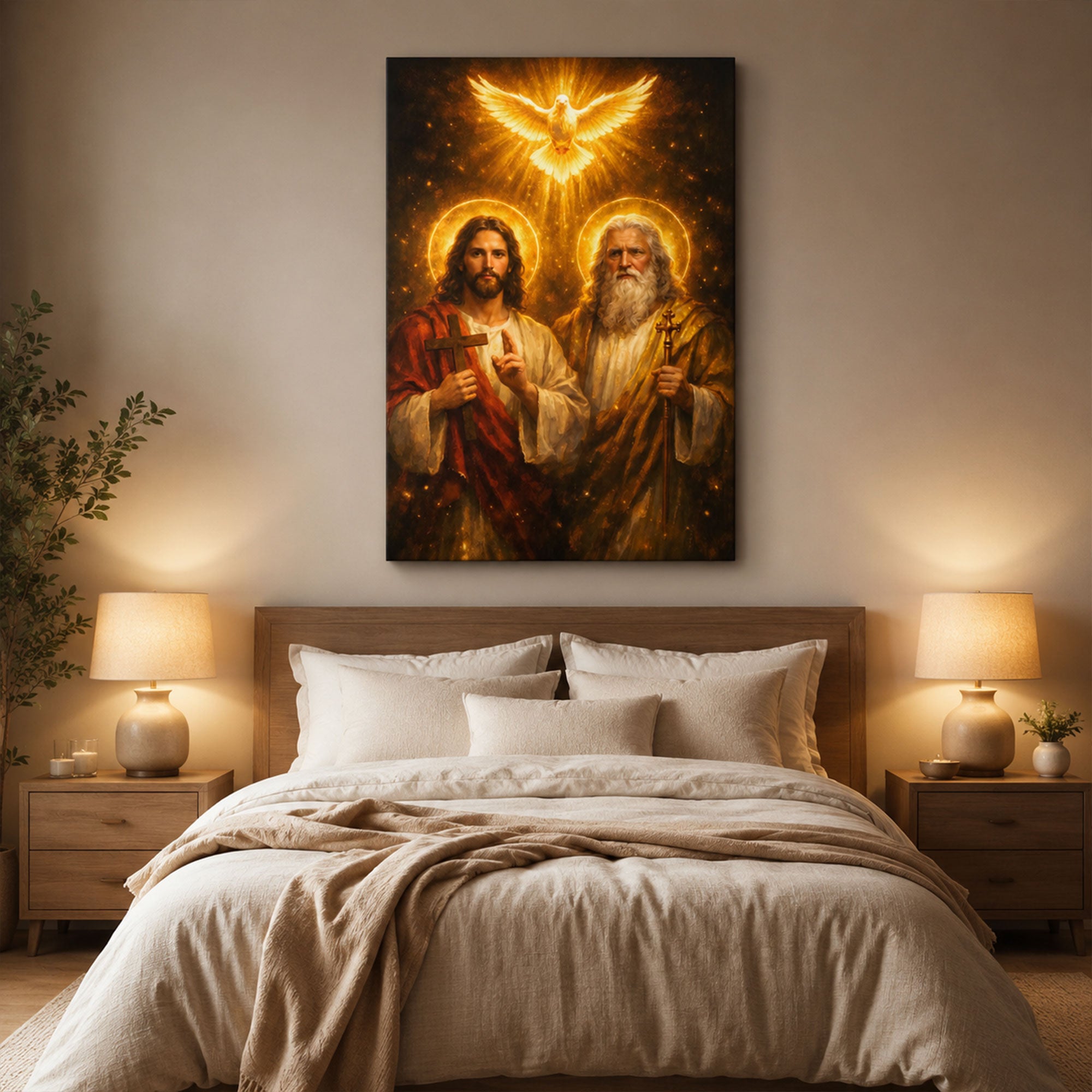 Holy Trinity Canvas Print, Jesus Christ God the Father and Holy Spirit Dove Christian Wall Art, Catholic Religious Home Decor