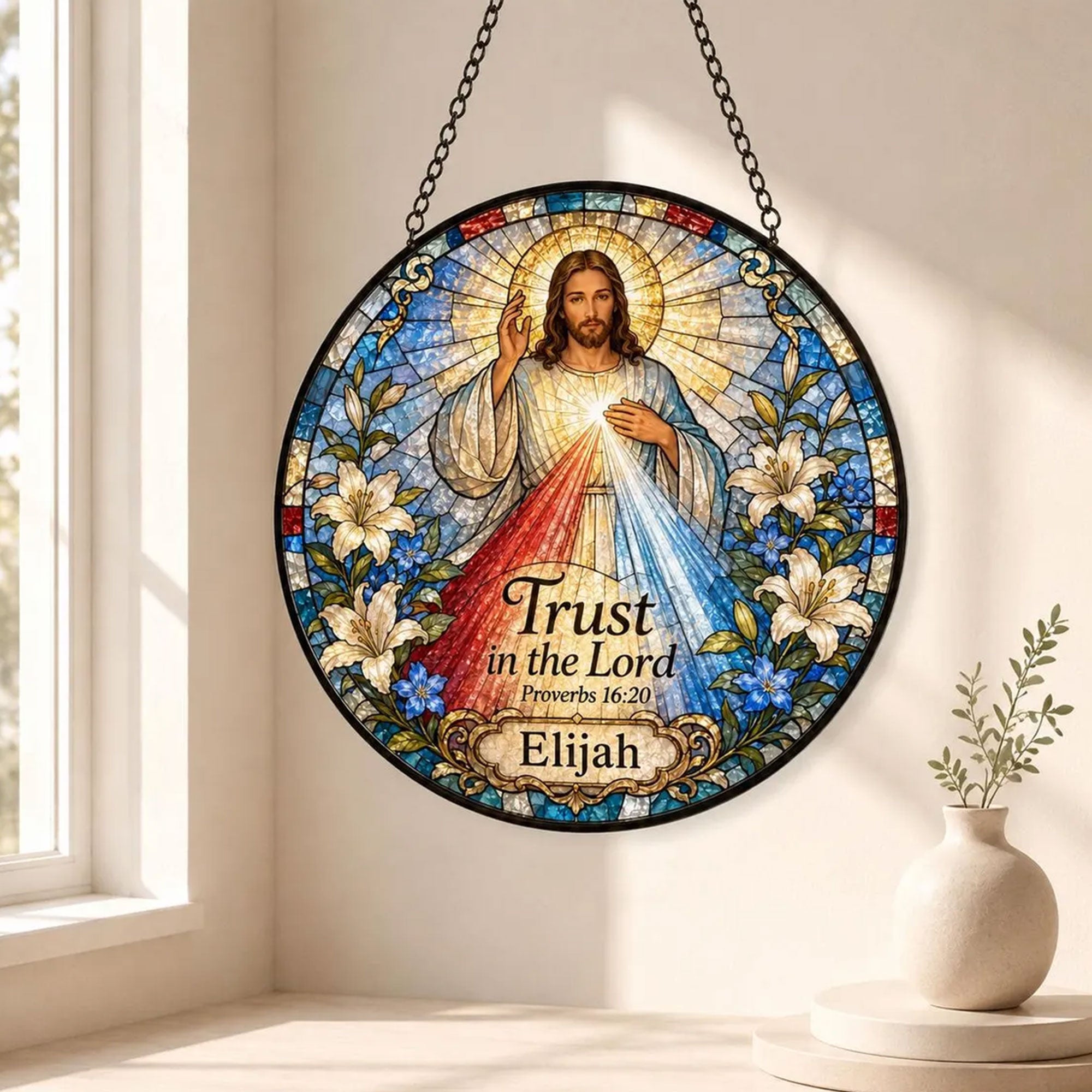 Personalized Divine Mercy Jesus Suncatcher, Trust in the Lord Proverbs 16:20, Catholic Gift