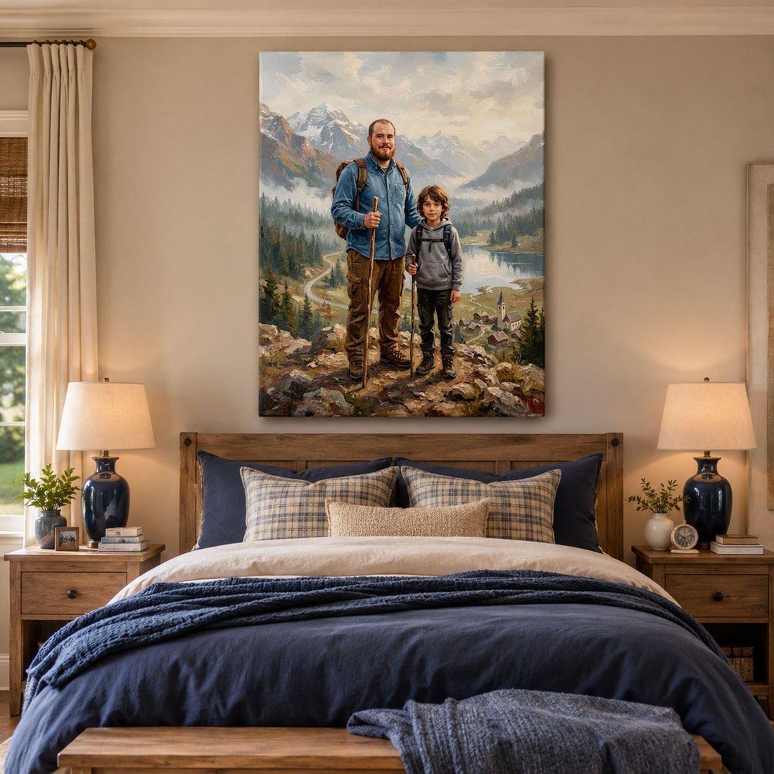 Custom Mountain Explorer Family Canvas, Personalized Father and Son Adventure Wall Art, Father’s Day Gift