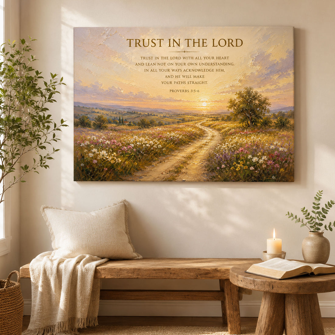 Trust in the Lord Proverbs 3:5-6 Canvas Print, Christian Scripture Wall Art, Wildflower Faith Home Decor