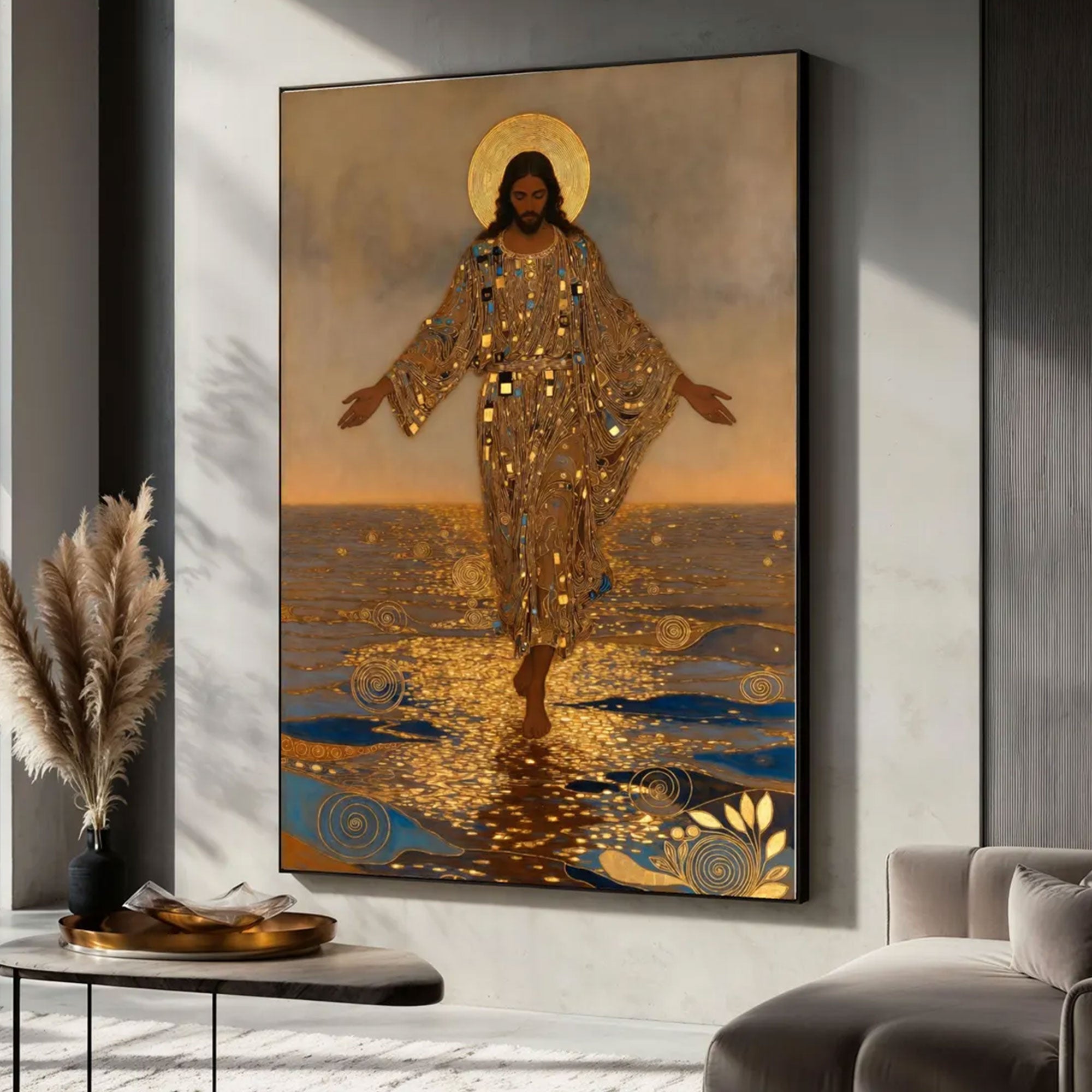 Gustav Klimt Style Jesus Walking on Water Canvas Print, Golden Halo Christian Wall Art, Religious Spiritual Decor