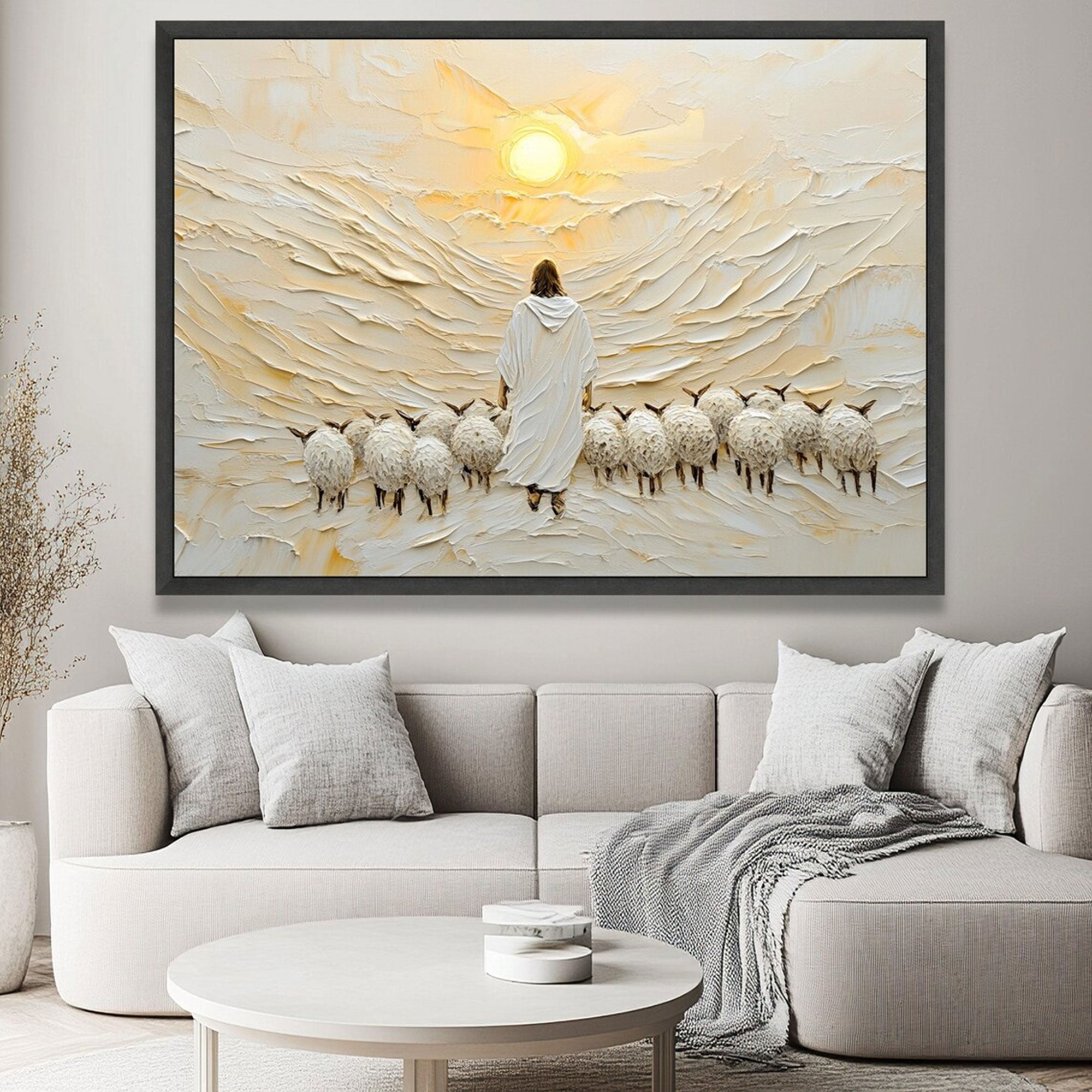 Spiritual Shepherd with Sheep Canvas Print, Jesus Wall Art, Good Shepherd Christian Decor, Religious Home Decor, Inspirational Faith Gift