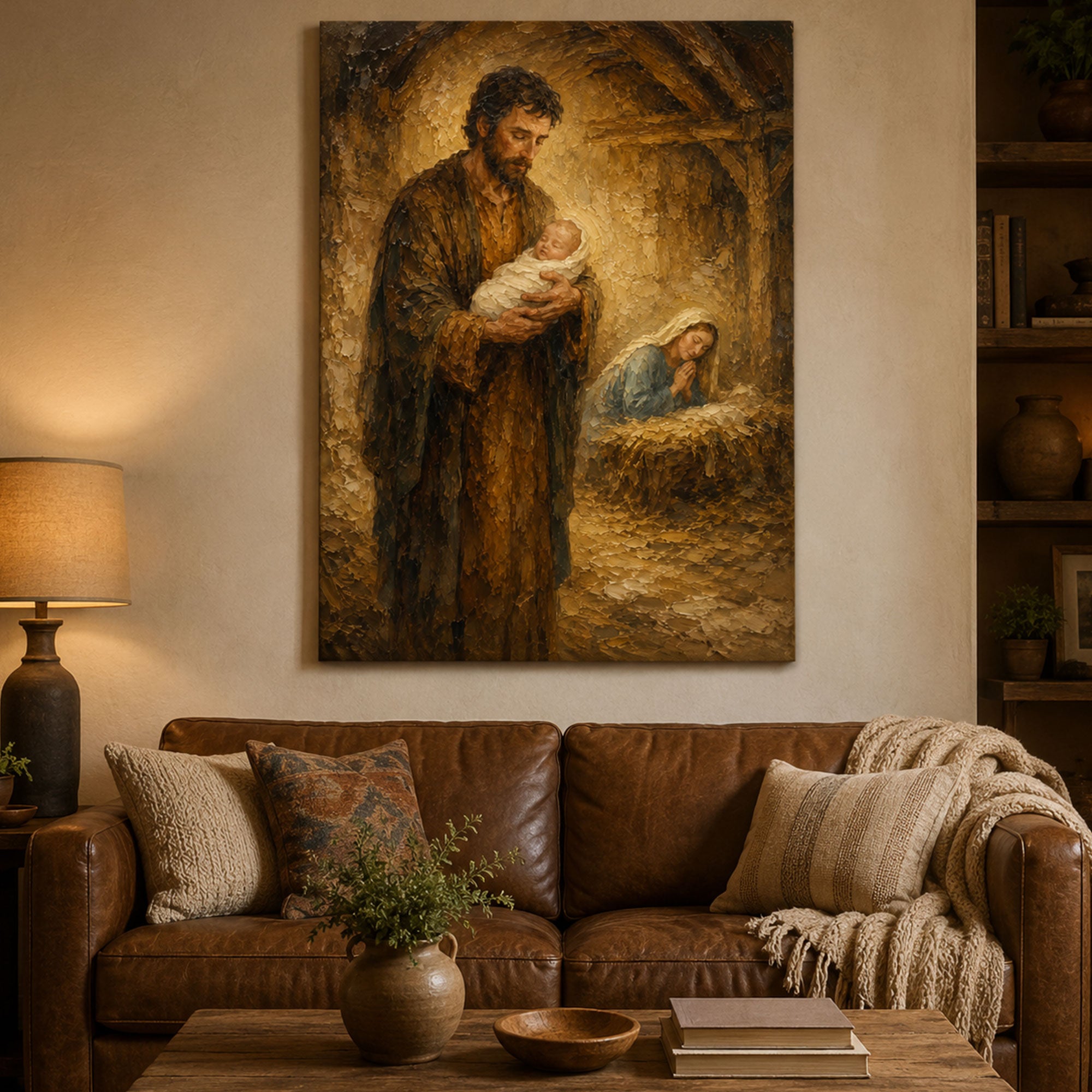 Holy Family Nativity Canvas Print, St. Joseph Holding Baby Jesus, Christmas Catholic Wall Art, Christian Home Decor