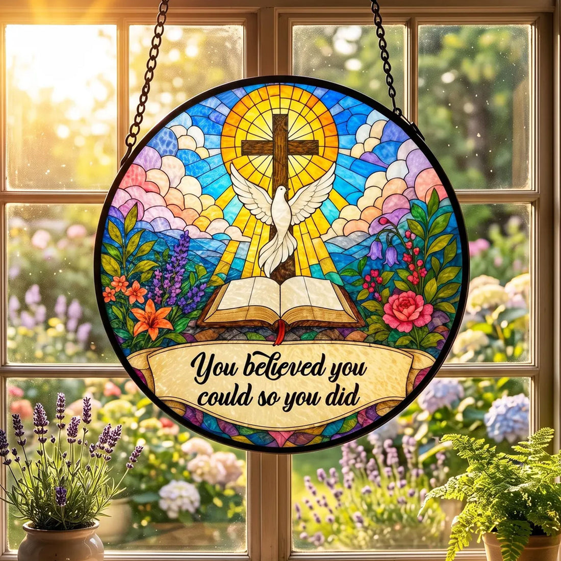 Christian Cross and Dove Suncatcher, Inspirational Faith Window Hanging, You Believed You Could So You Did Gift