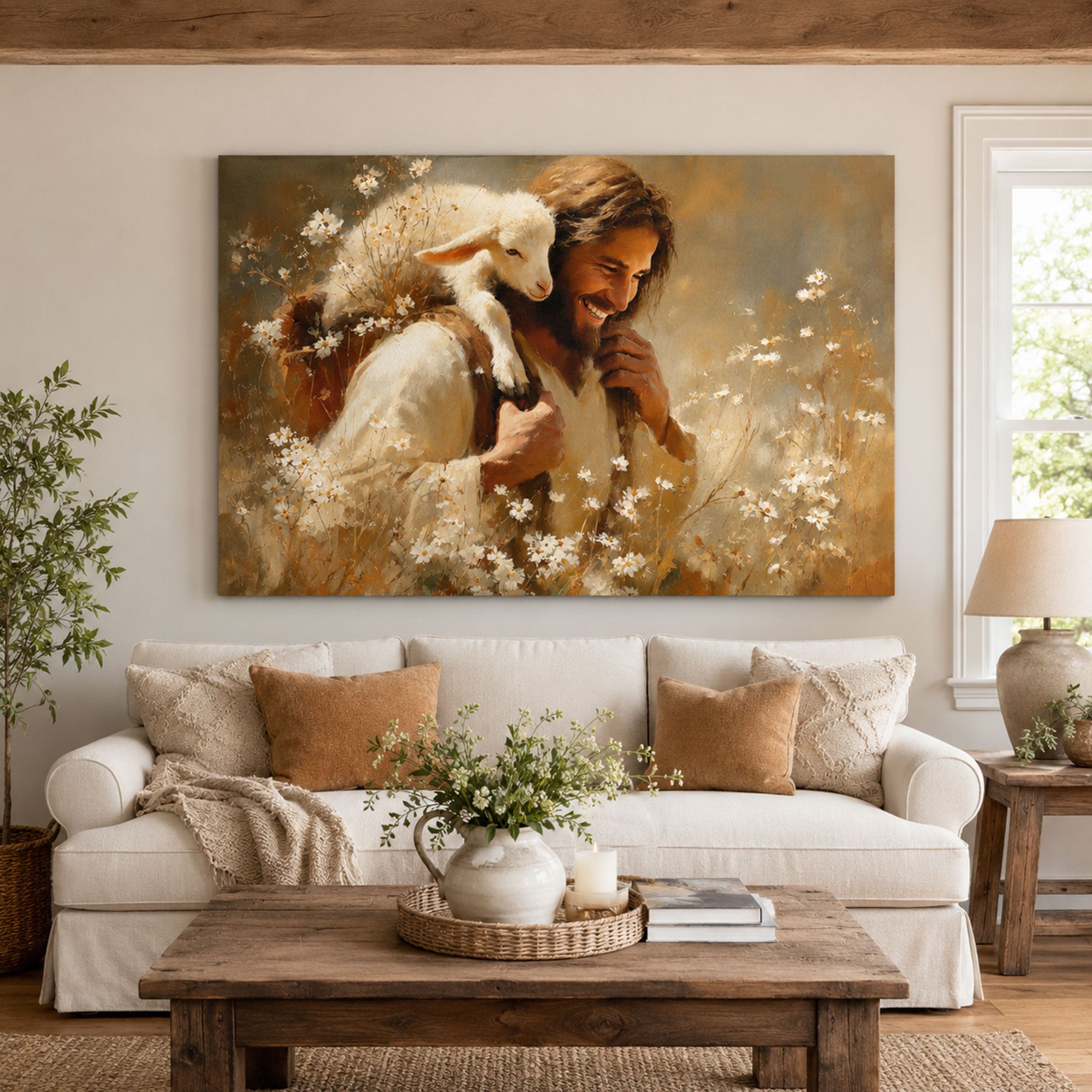 Jesus with Lamb Canvas Print, Good Shepherd Christian Wall Art, Religious Faith Home Decor, Inspirational Gift