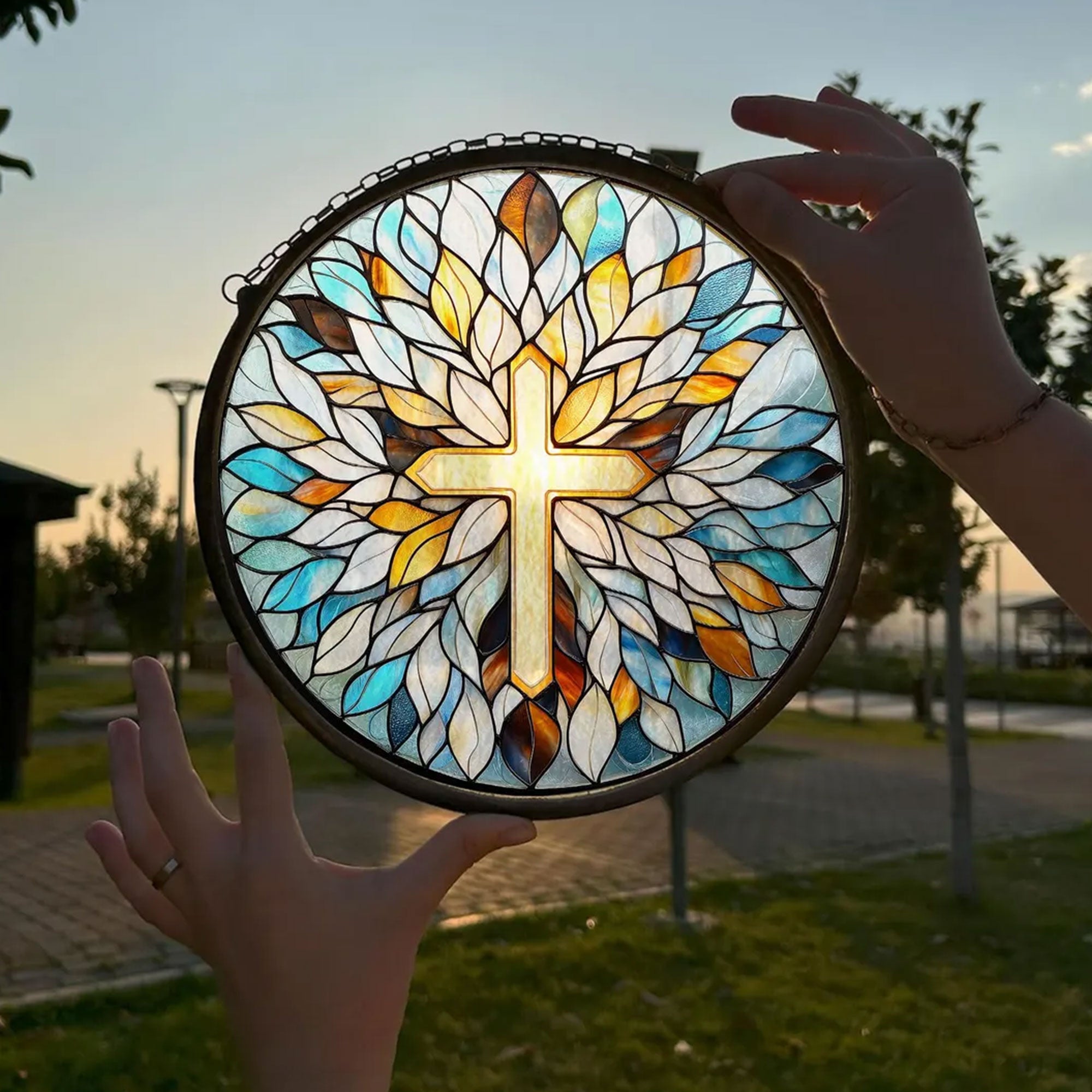 Stained Glass Cross Suncatcher, Spiritual Christian Window Decor, Faith-Based Home Accent Gift