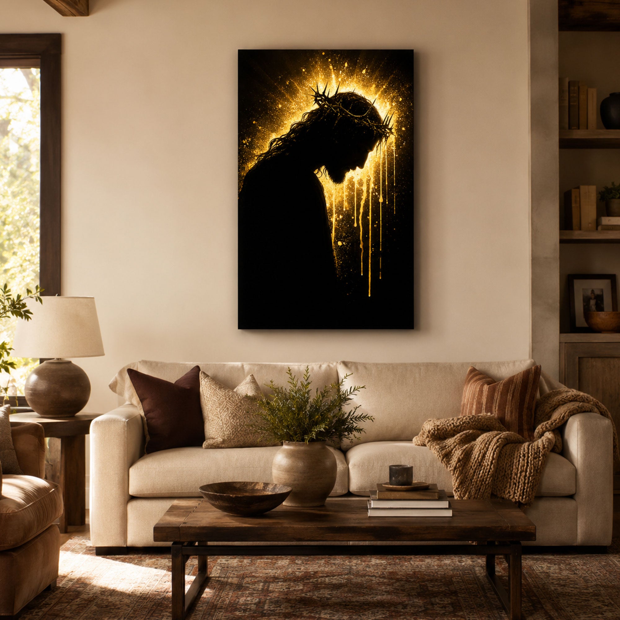 Jesus Crown of Thorns Canvas Print, Dark Gold Christian Wall Art, Passion of Christ Home Decor Gift