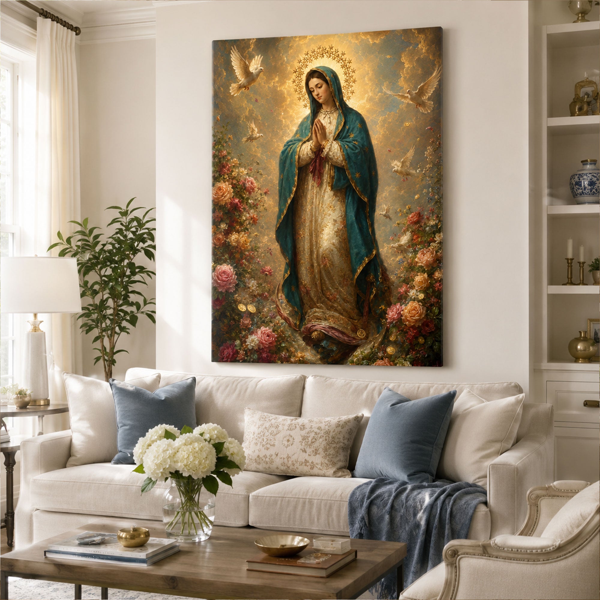 Virgin Mary with Roses and Doves Canvas Print, Catholic Home Decor