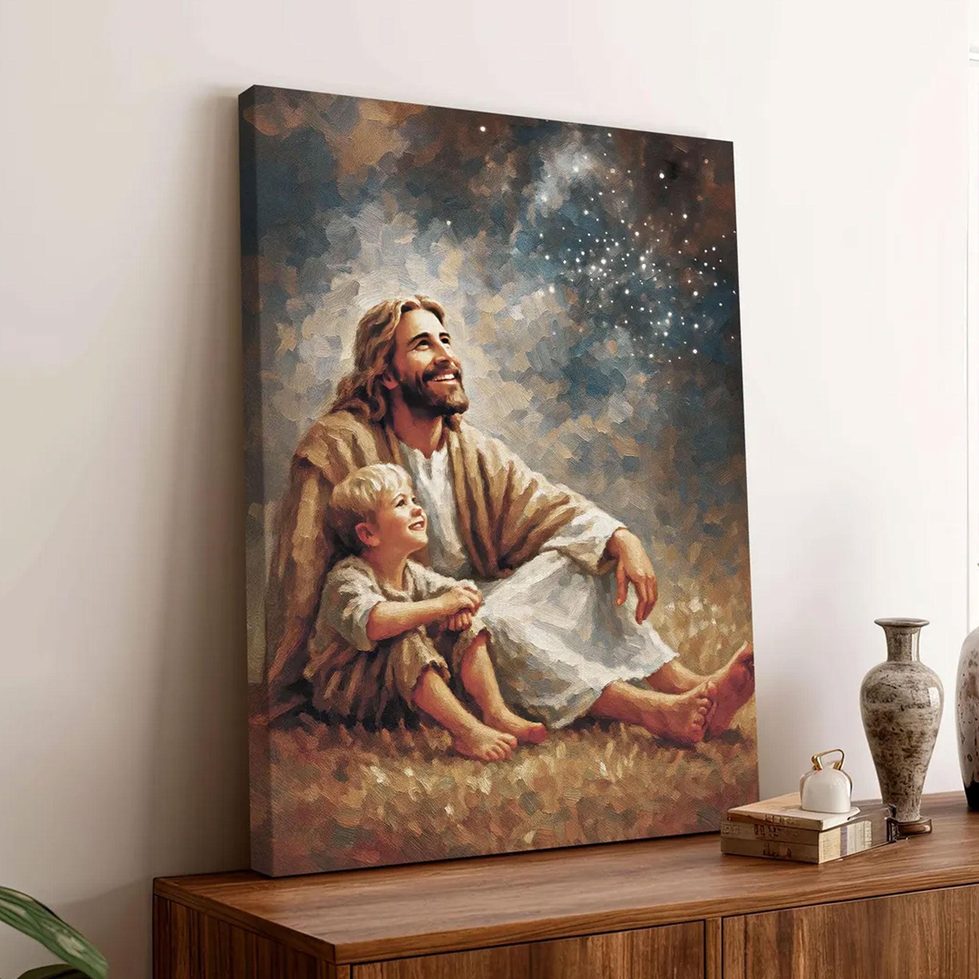 Jesus and Boy Canvas Print, Christian Faith Watercolor Wall Art, Bible Verse Spiritual Home Decor