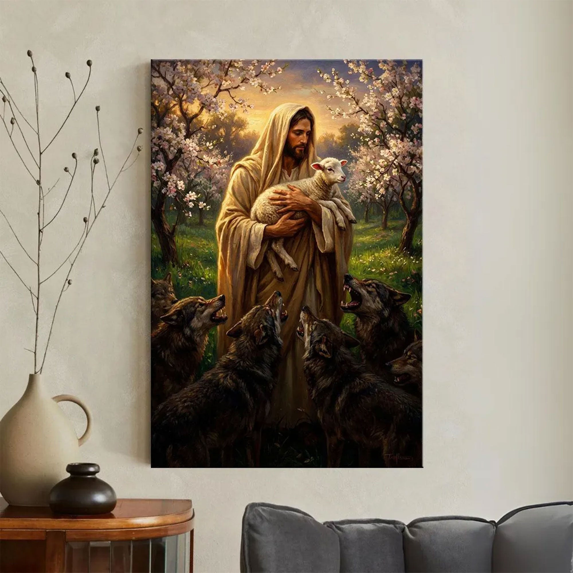 Good Shepherd Jesus Canvas Wall Art, Christian Decor, Jesus with Lamb Faith Gift