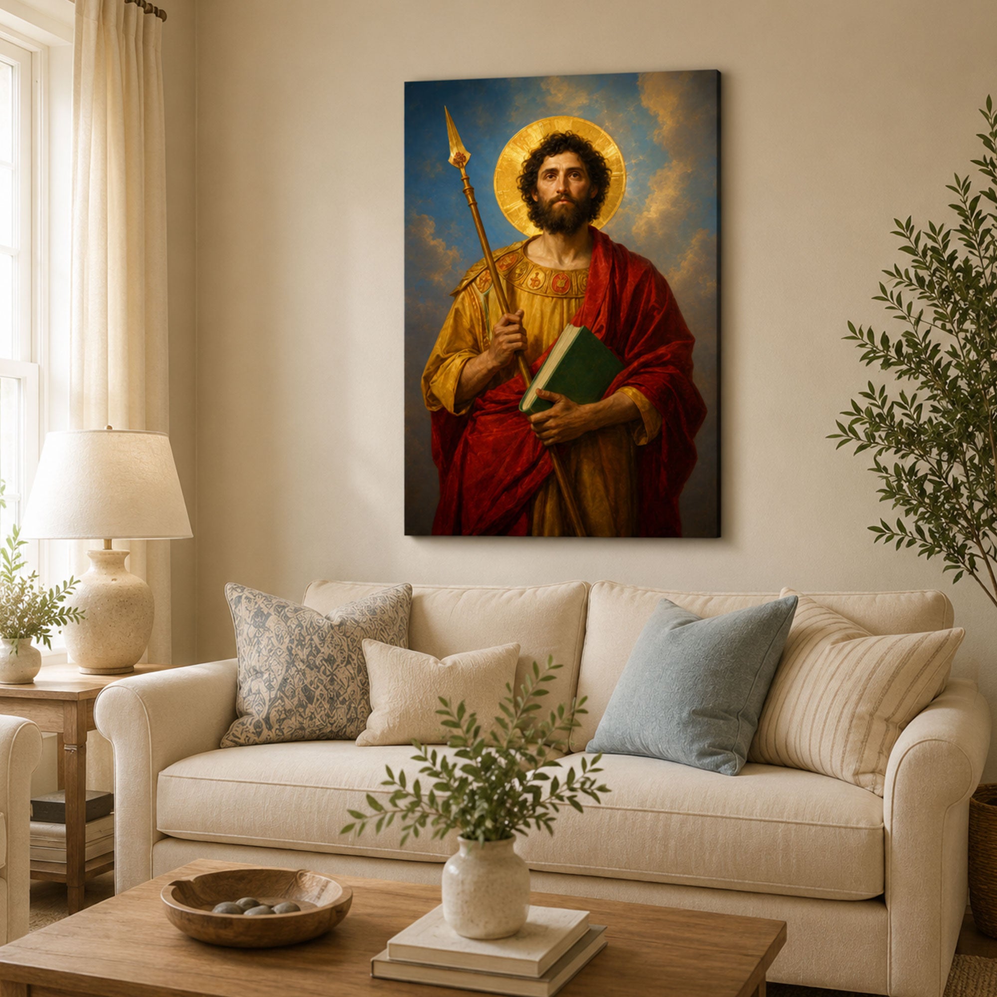 Saint Thomas with Spear and Scripture Canvas Print, Catholic Apostle Decor