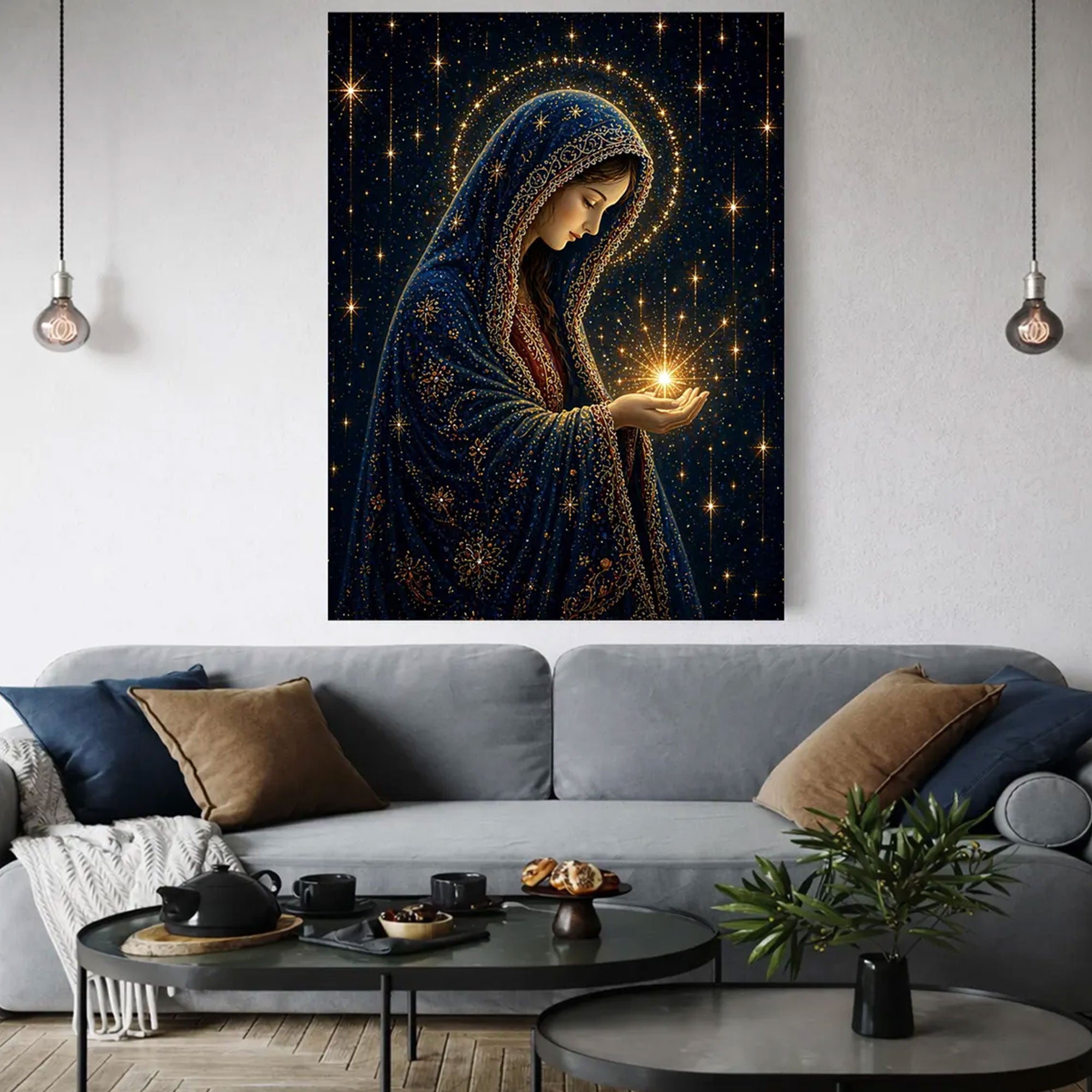 Virgin Mary Starry Night Canvas Print, Blessed Mother Under the Stars, Catholic Faith Decor, Serene Spiritual Artwork, Inspirational Gift