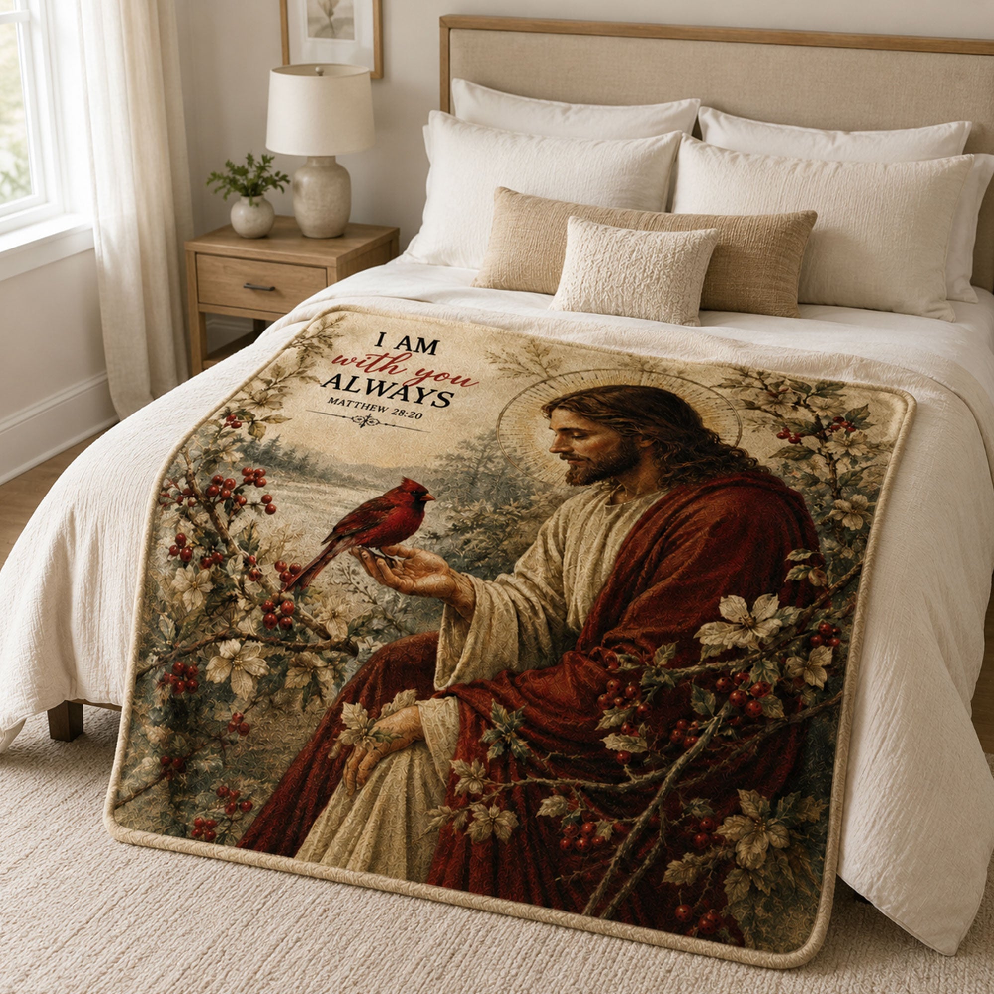 Jesus I Am With You Always Fleece Blanket, Matthew 28:20 Christian Throw, Cardinal Faith Gift