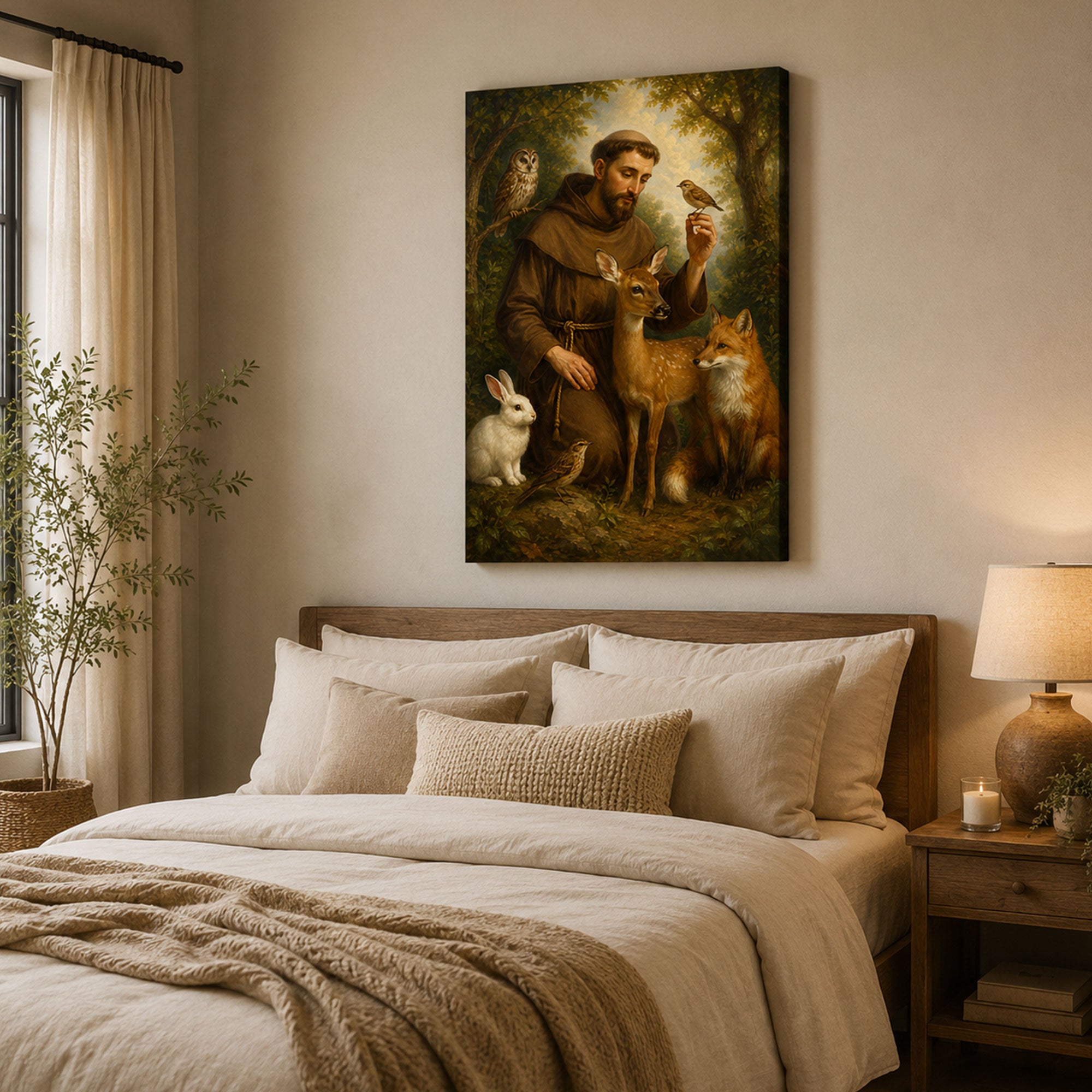 Saint Francis of Assisi Canvas Print, Catholic Saint Wall Art with Animals, Christian Home Decor Gift