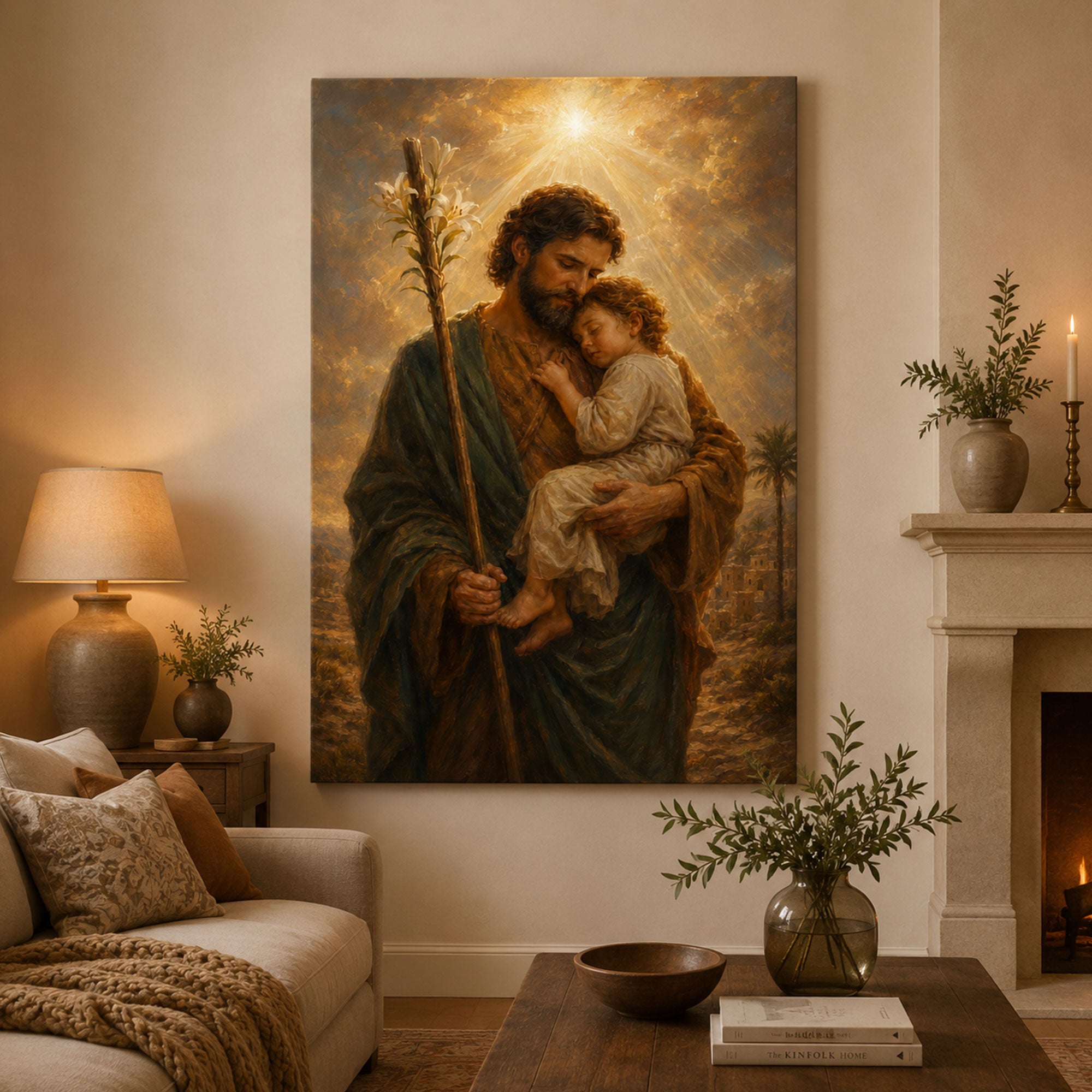 Saint Joseph with Child Jesus Canvas Print, Catholic Wall Art, Fatherly Love Christian Home Decor