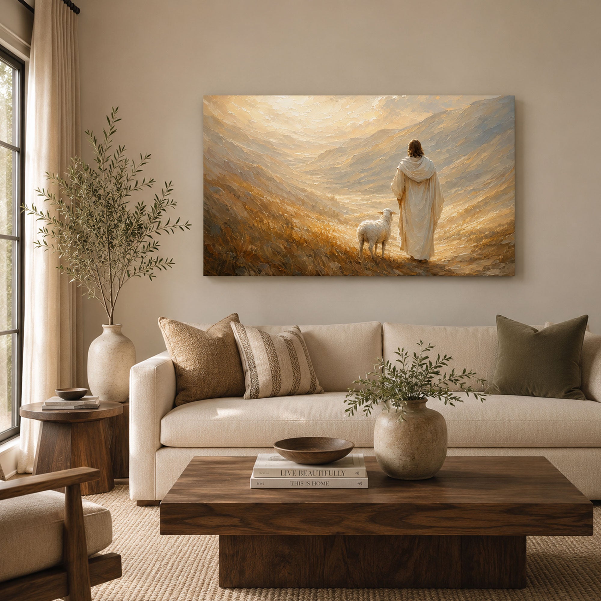 Good Shepherd Panoramic Canvas Print, Jesus with Lamb Christian Wall Art, Faith Home Decor Gift