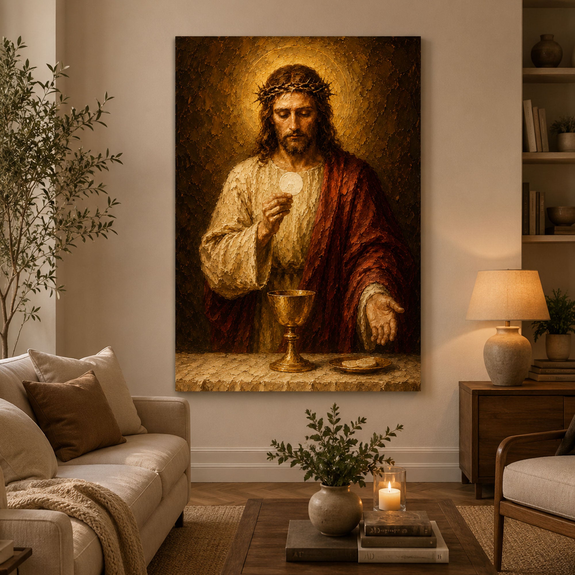 Jesus Holding the Holy Eucharist Canvas Print, Catholic Eucharistic Wall Art, Christ with Sacred Host and Chalice, Religious Christian Home Decor