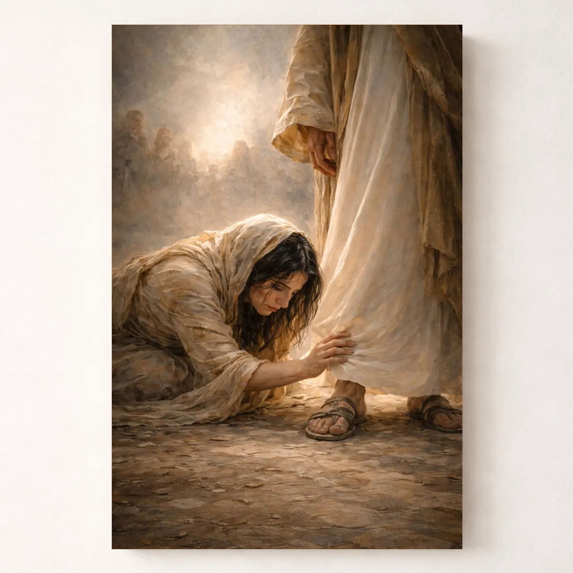 Woman Healed by Faith Christian Wall Art, Jesus Healing Woman Touching the Hem Canvas Print, Modern Catholic Art DecorMary Catholic Art Home Decor