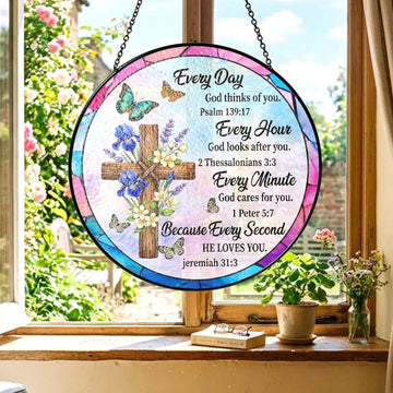 Stained Glass Suncatcher with Bible Verse, Christian Window Hanging Decor, Inspirational Faith Gift for Women