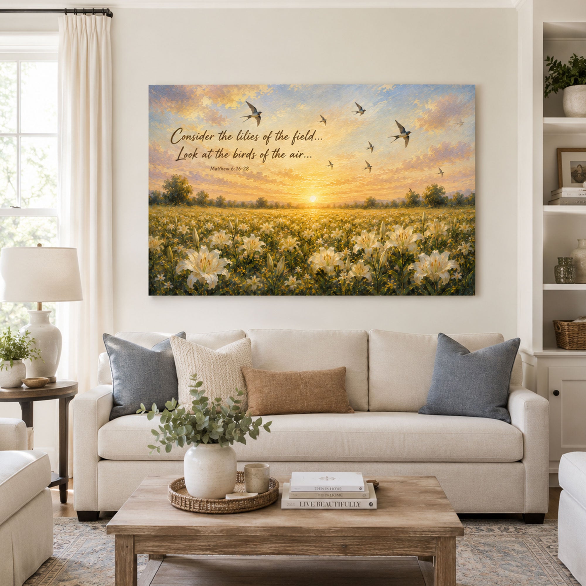 Consider the Lilies & Birds of the Air Canvas Print, Matthew 6:26-28 Christian Wall Decor