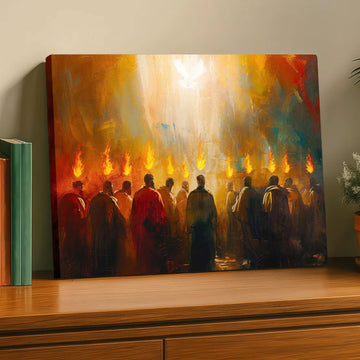 The Day of Pentecost Canvas Print, Holy Spirit Christian Wall Art, Apostles in Divine Fire, Biblical Faith Decor
