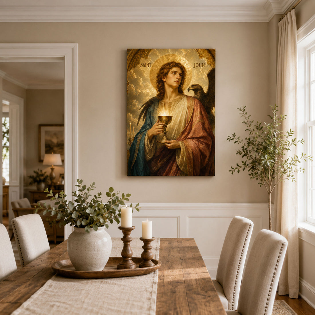 Saint John with Eagle and Glowing Chalice Canvas Print, Catholic Art