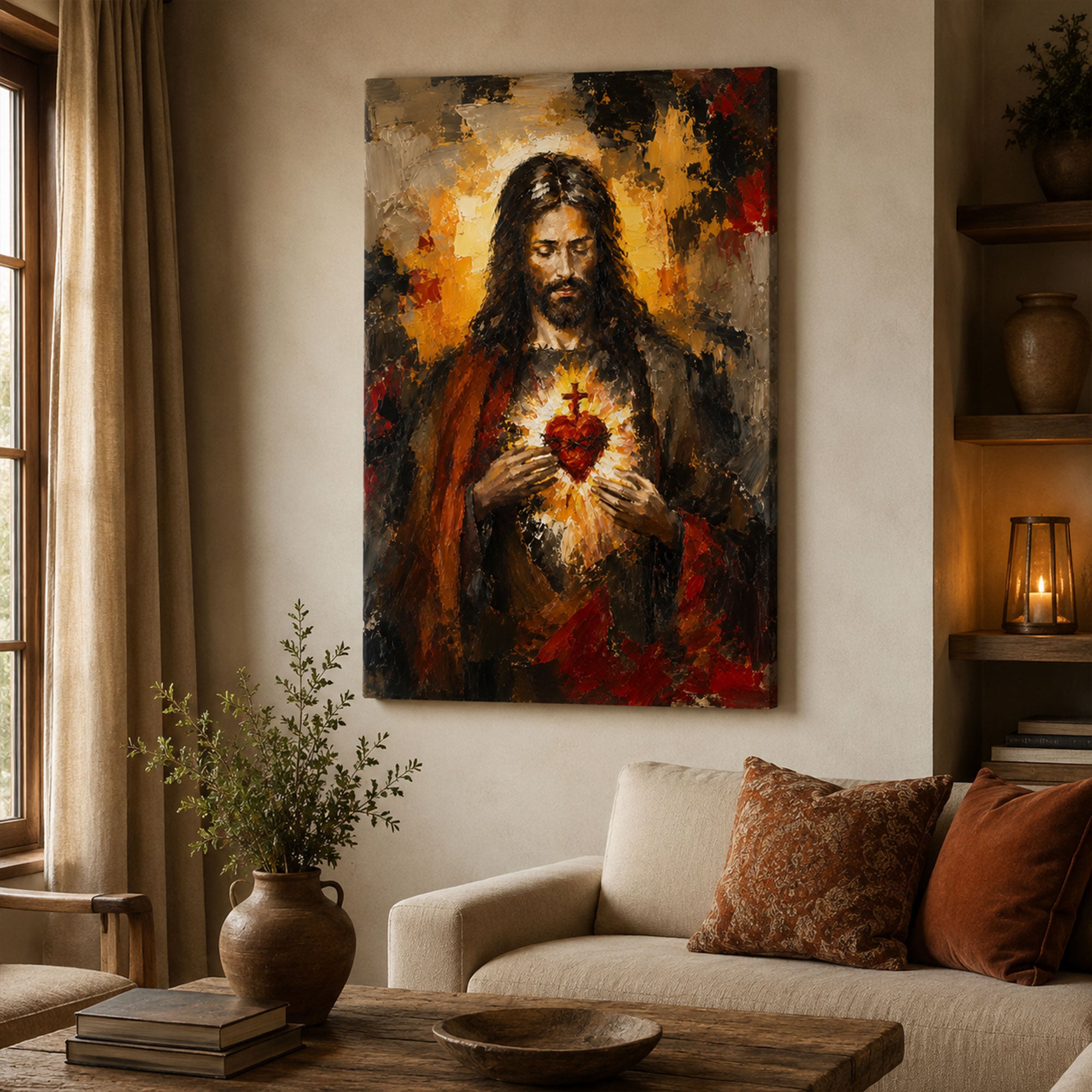 Sacred Heart Jesus Canvas Print, Dark Devotional Catholic Wall Art, Christian Faith Home Decor