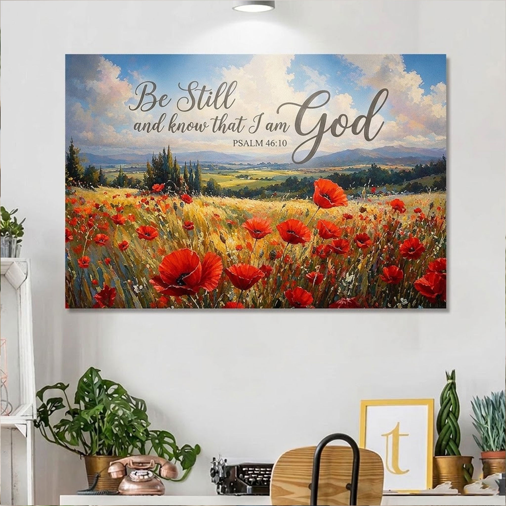 “Be Still and Know That I Am God” Psalm Canvas Print, Jesus in Poppy Field Wall Art, Christian Faith Decor