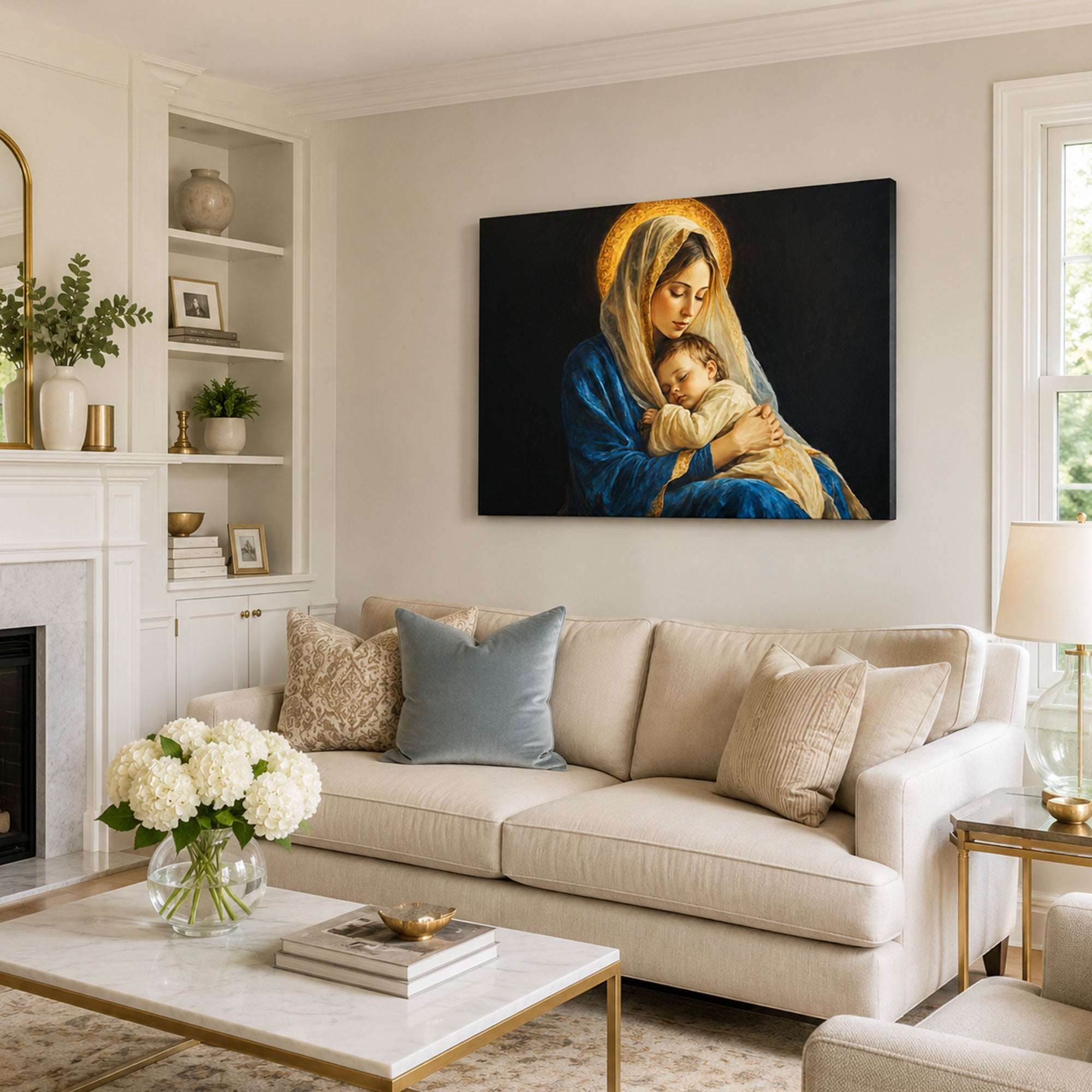 Virgin Mary Holding Sleeping Baby Jesus Canvas Print, Catholic Home Decor