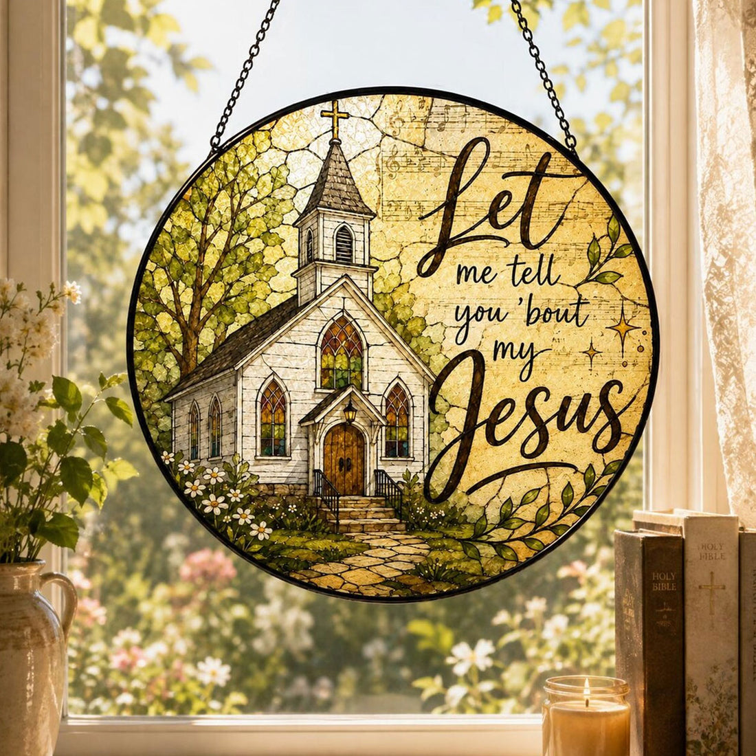 Let Me Tell You ’Bout My Jesus Suncatcher, Christian Church Window Hanging, Faith Home Decor