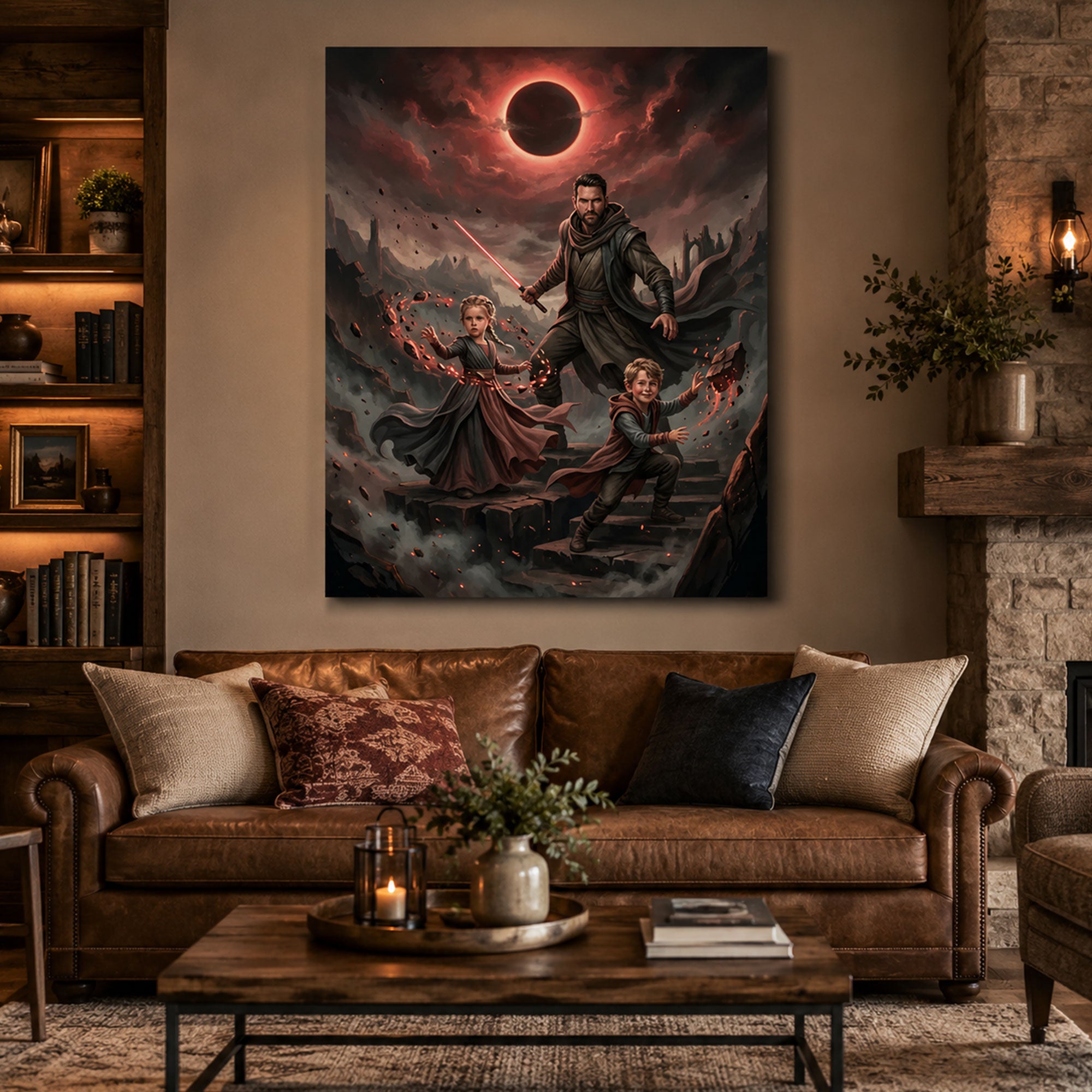 Custom Crimson Ascension Canvas, Personalized Father and Kids Fantasy Wall Art, Father’s Day Gift