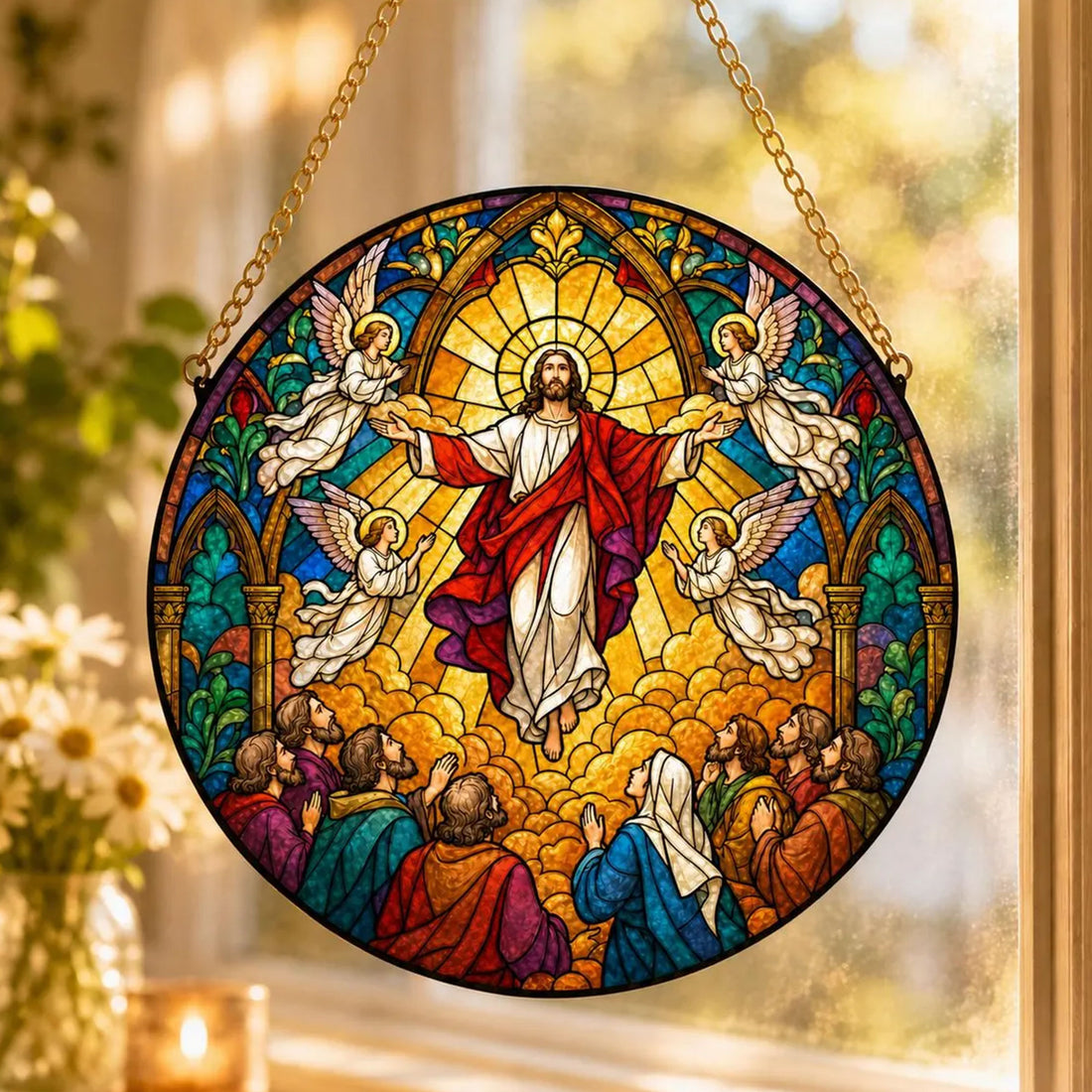 Jesus Ascension Stained Glass Ornament, Christian Window Suncatcher, Faith Decor Gift