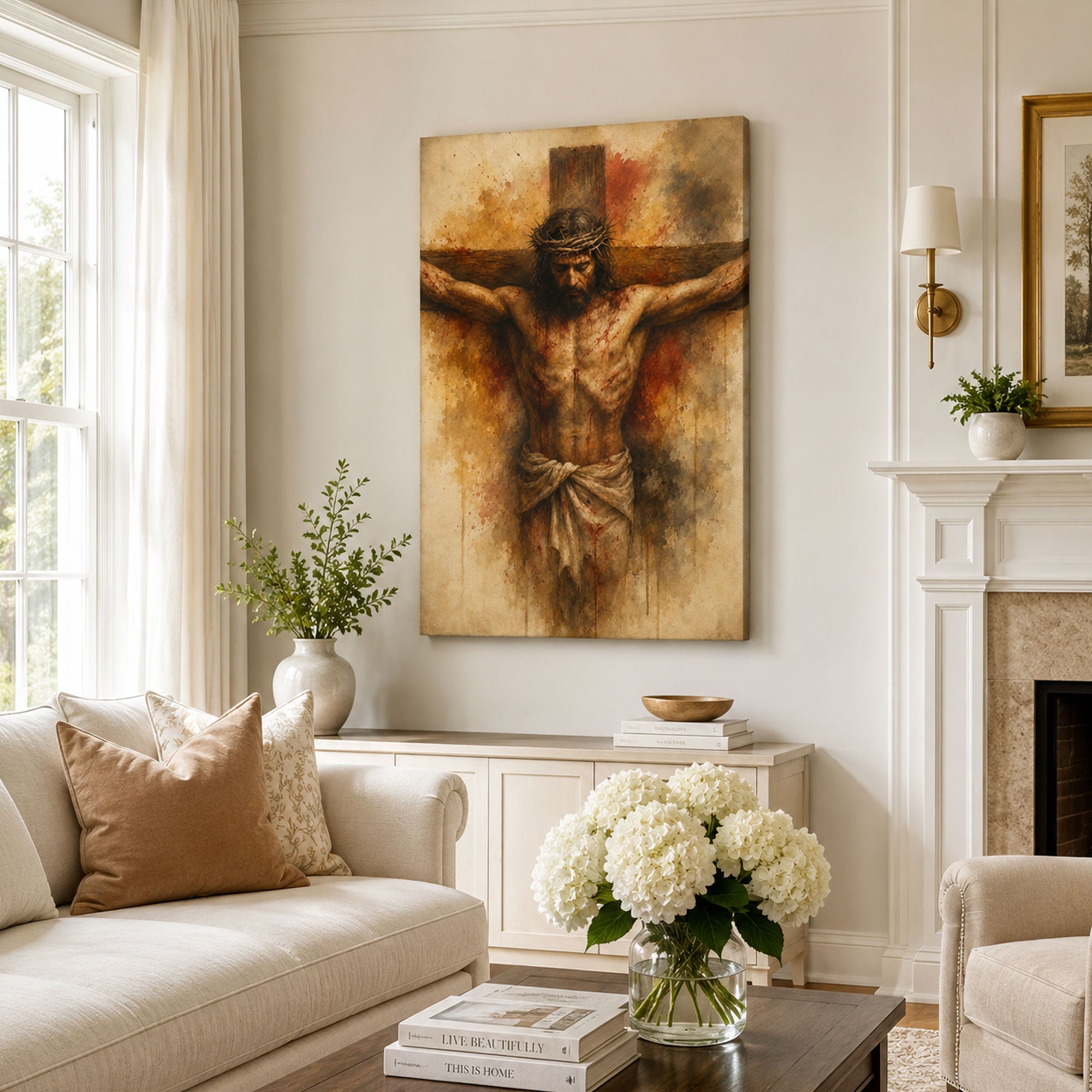 Jesus on the Cross Canvas Print, Crown of Thorns Catholic Wall Art, Passion of Christ Home Decor Gift