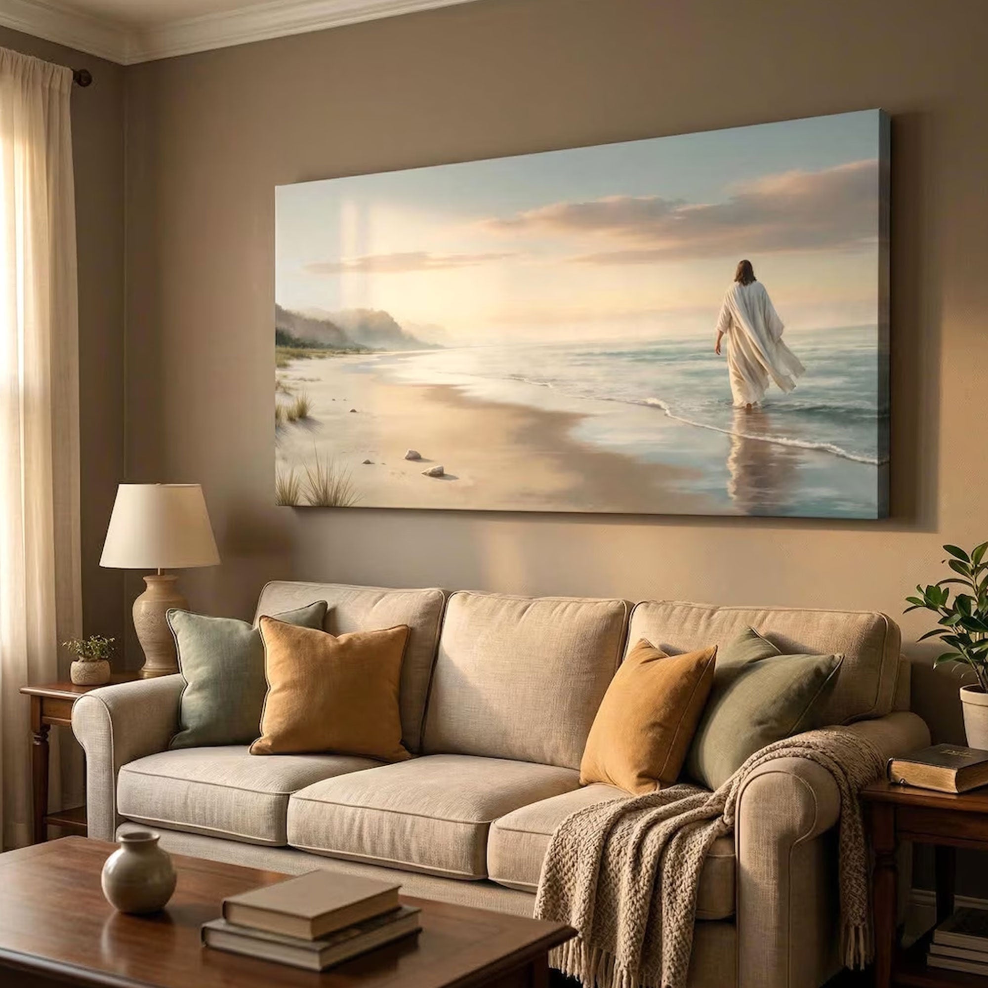 Jesus Beach Canvas Print, Coastal Christian Wall Art, Large Religious Ocean Decor