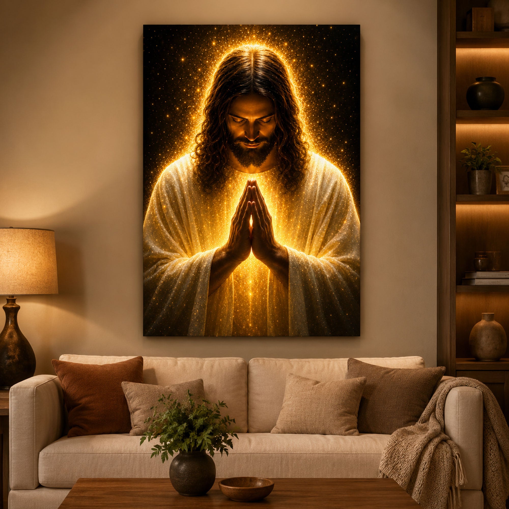 Praying Jesus Canvas Print, Golden Light Christian Wall Art, Peaceful Faith Home Decor