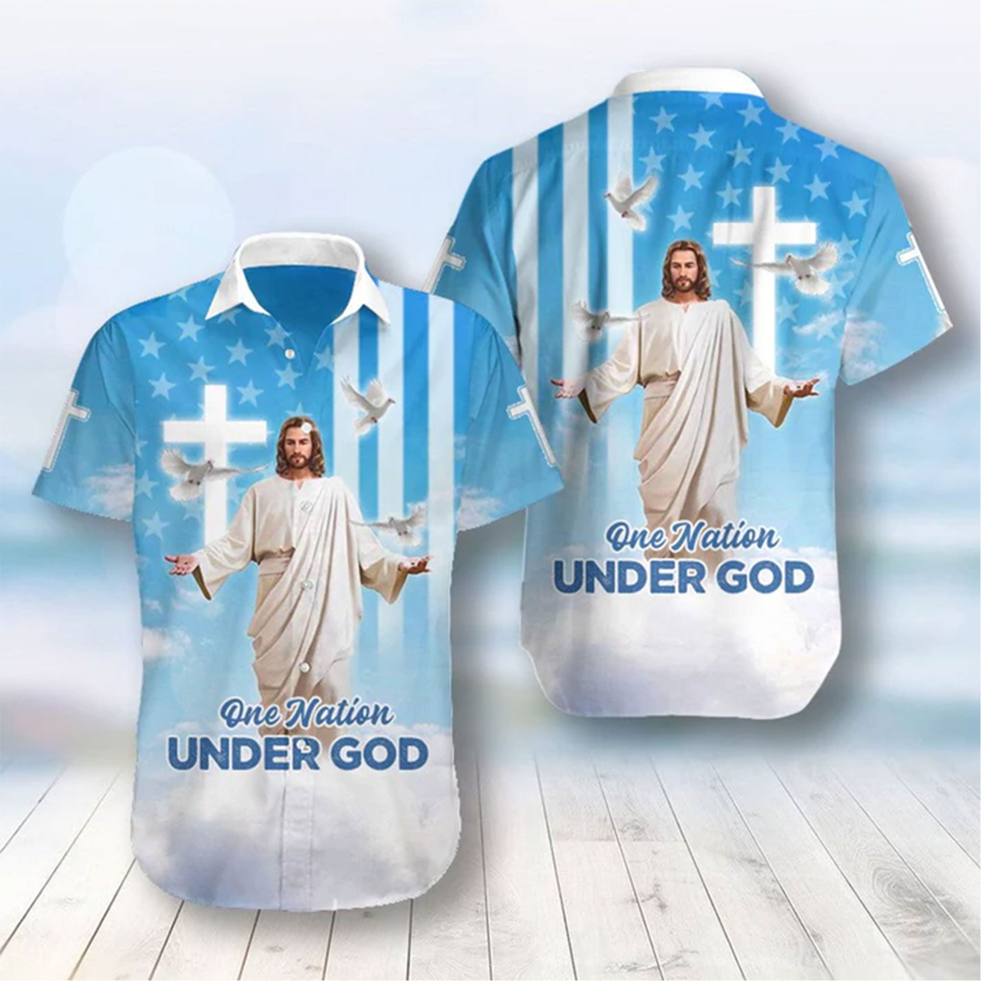 One Nation Under God Hawaiian Shirt, Jesus American Flag Aloha Shirt, 4th of July Patriotic Shirt