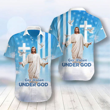 One Nation Under God Hawaiian Shirt, Jesus American Flag Aloha Shirt, 4th of July Patriotic Shirt