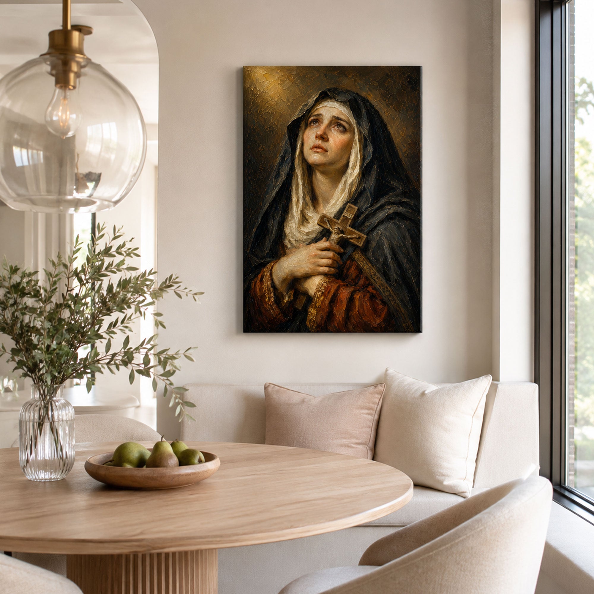 Our Lady of Sorrows Canvas Print, Virgin Mary Holding Crucifix Catholic Wall Decor, Marian Faith Gift