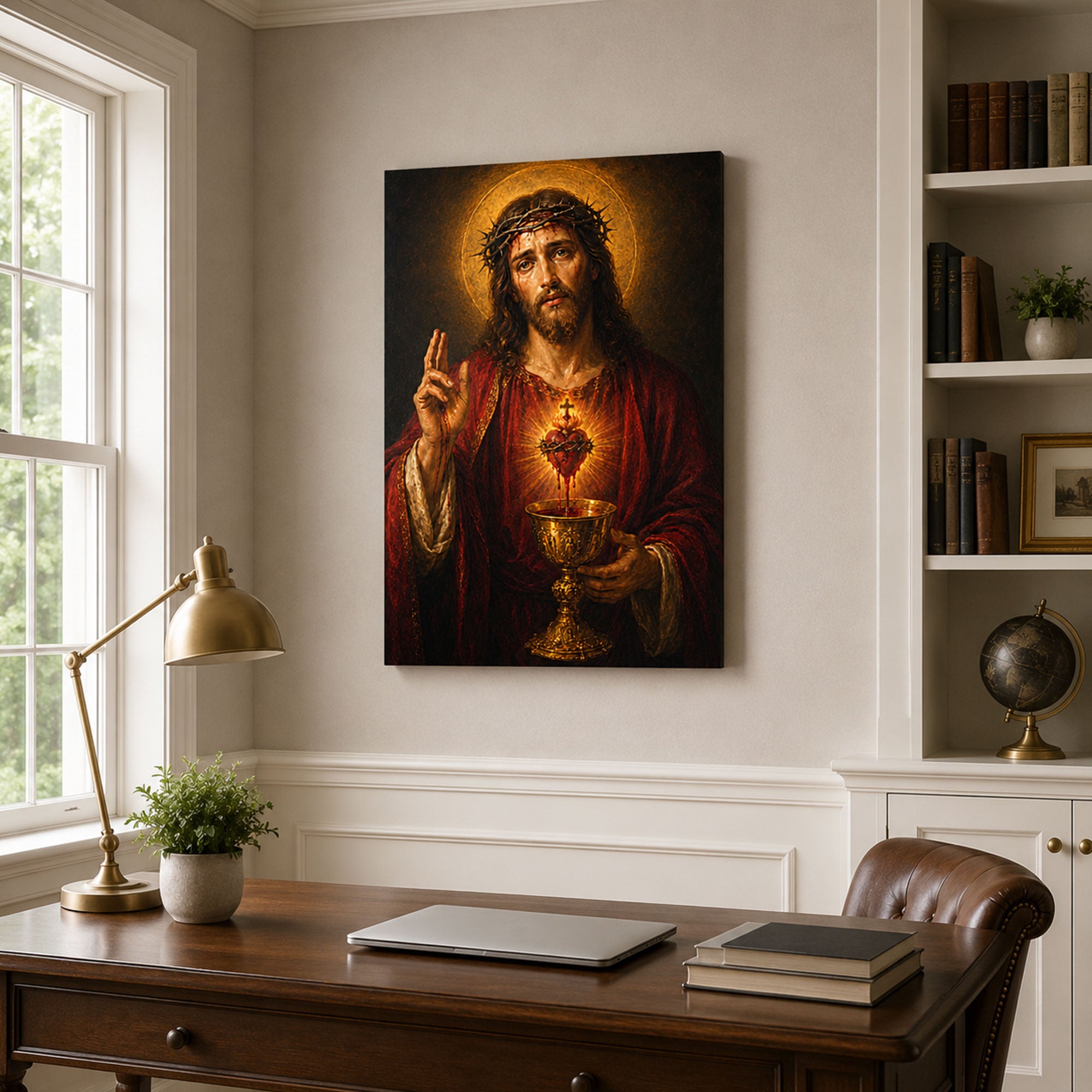 Sacred Heart of Jesus with Chalice Canvas Print, Catholic Precious Blood Wall Art, Faith Home Decor Gift